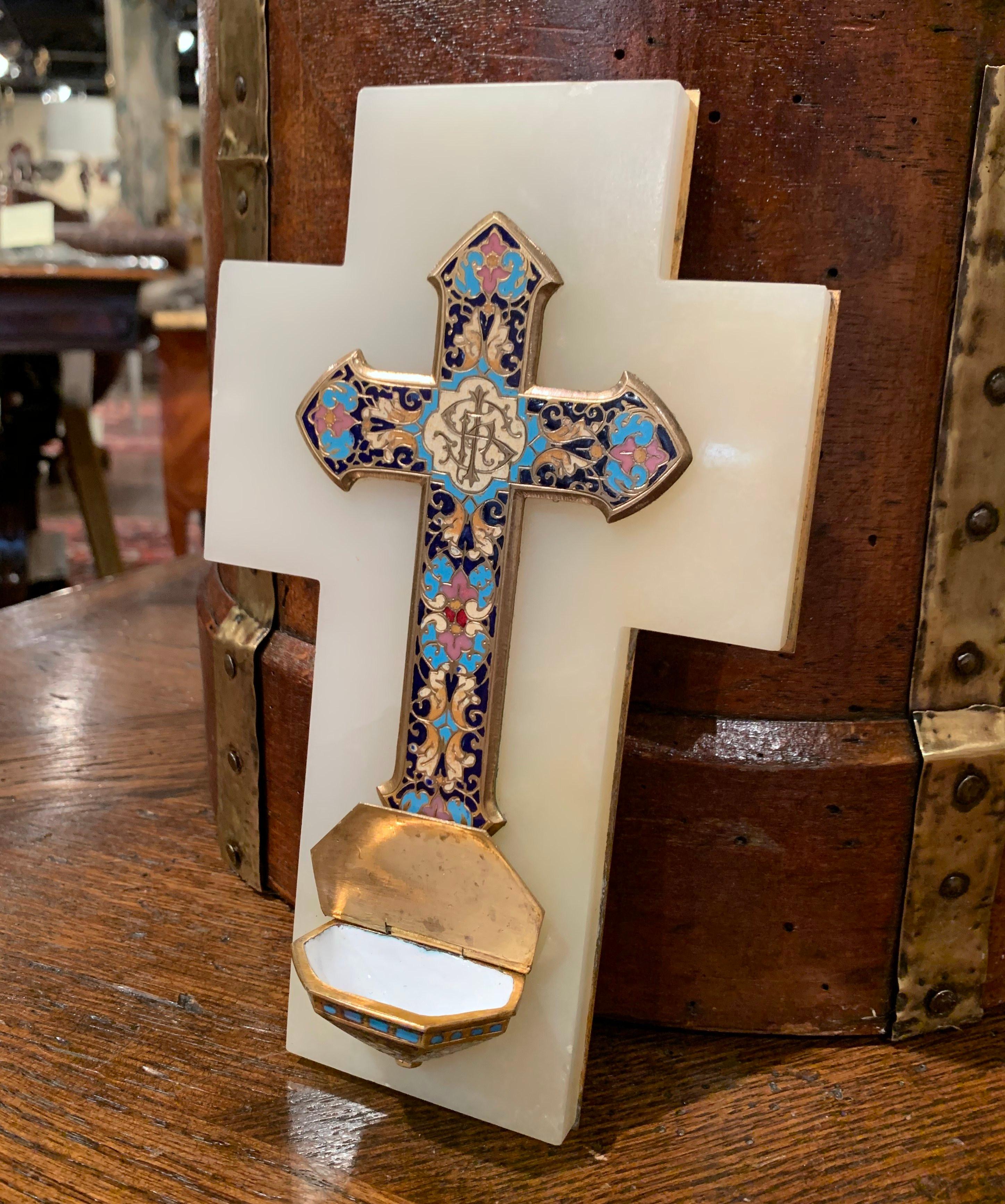 19th Century French Brass & Cloisonné Cross with Holy Water Font on Beige Marble In Excellent Condition In Dallas, TX