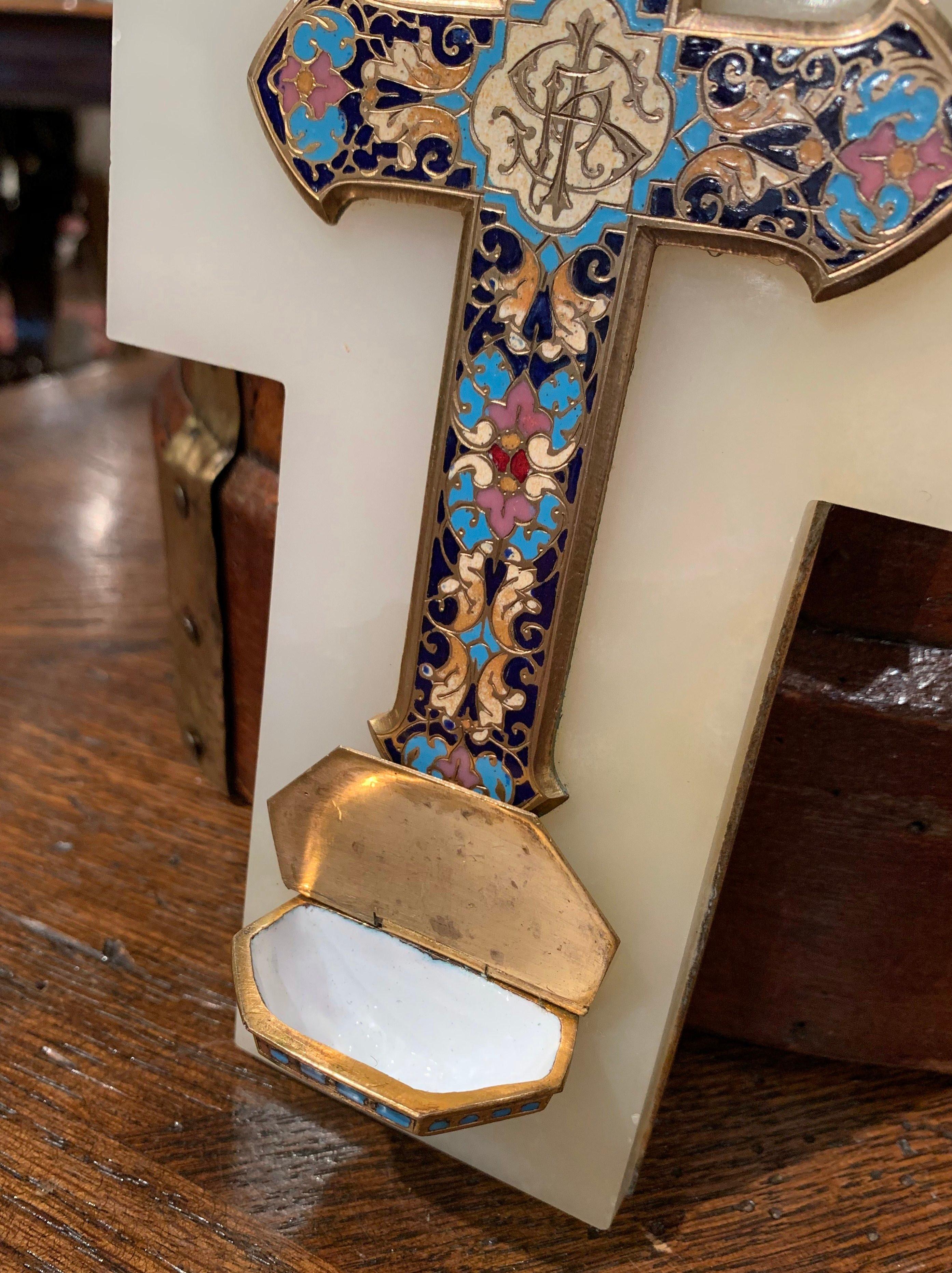 Multi-gemstone 19th Century French Brass & Cloisonné Cross with Holy Water Font on Beige Marble
