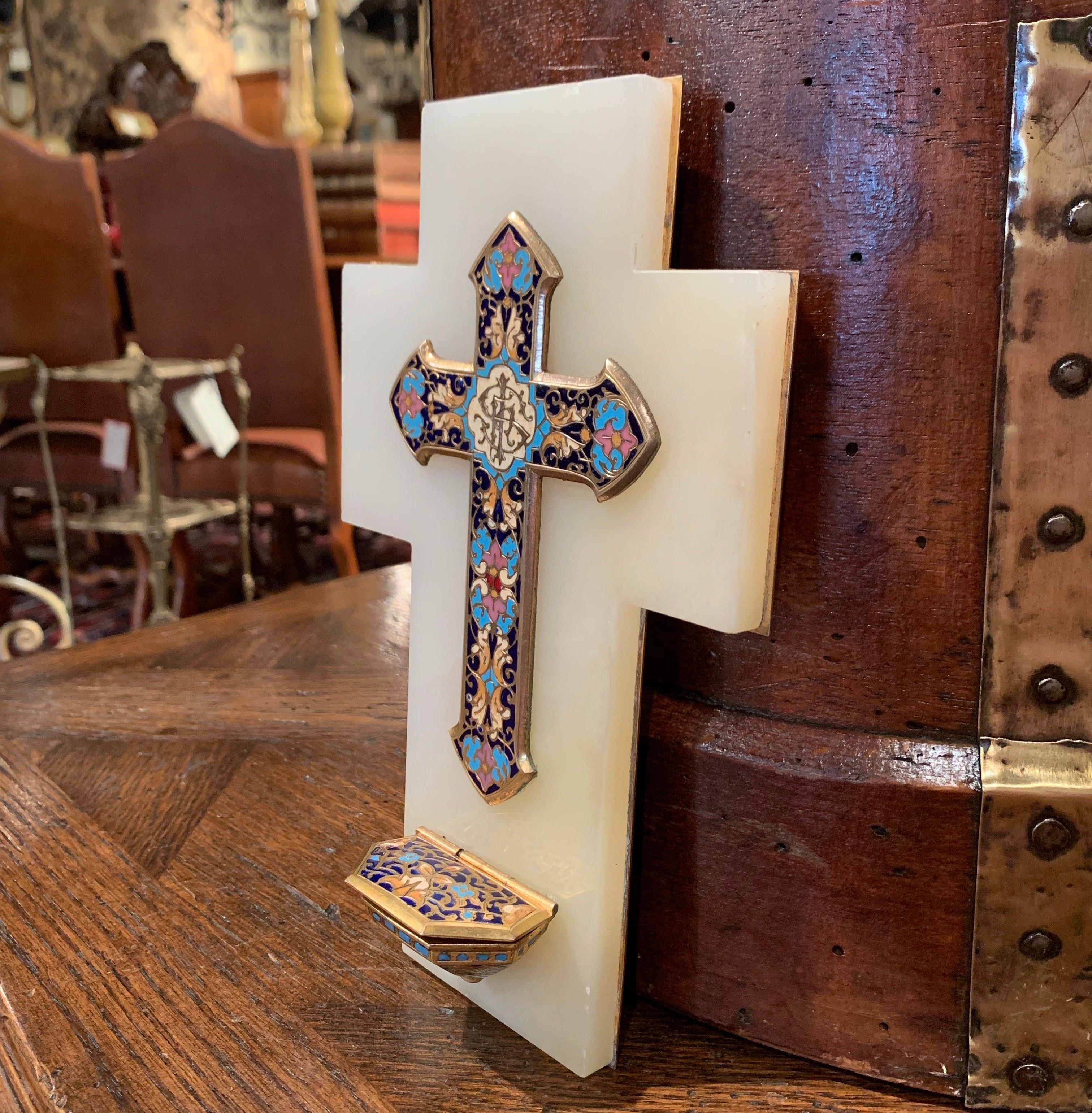 19th Century French Brass & Cloisonné Cross with Holy Water Font on Beige Marble 1