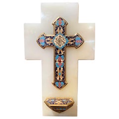 19th Century French Brass & Cloisonné Cross with Holy Water Font on Beige Marble