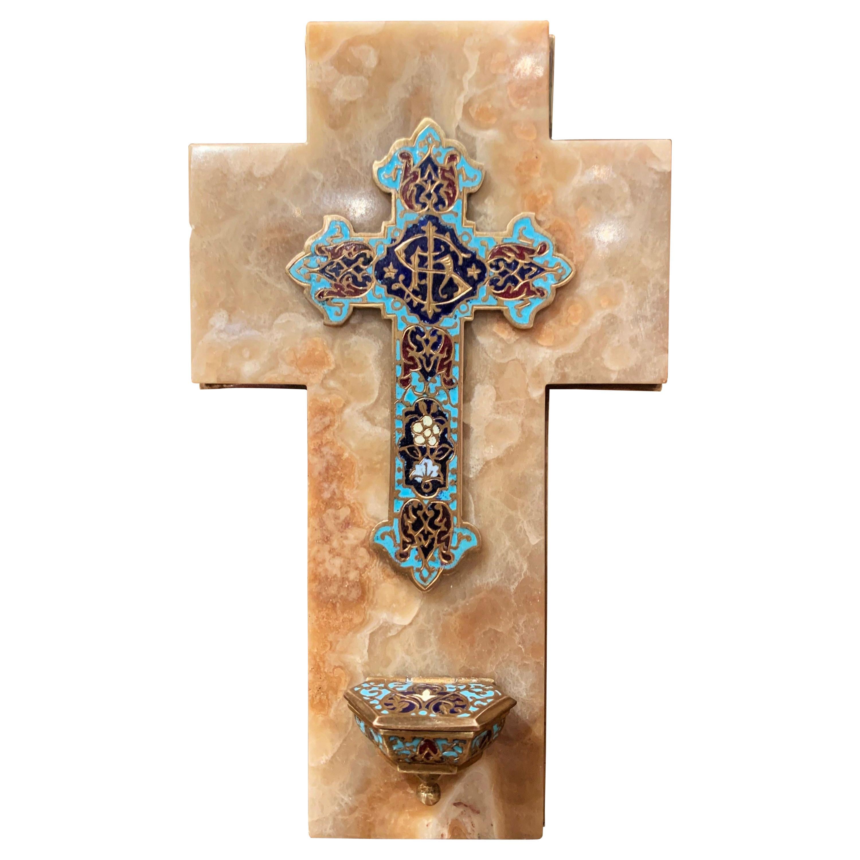 19th Century French Brass & Champleve Cross with Holy Water Font on Beige Marble