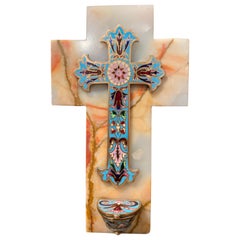 19th Century French Brass & Cloisonné Cross with Holy Water Font on Beige Marble