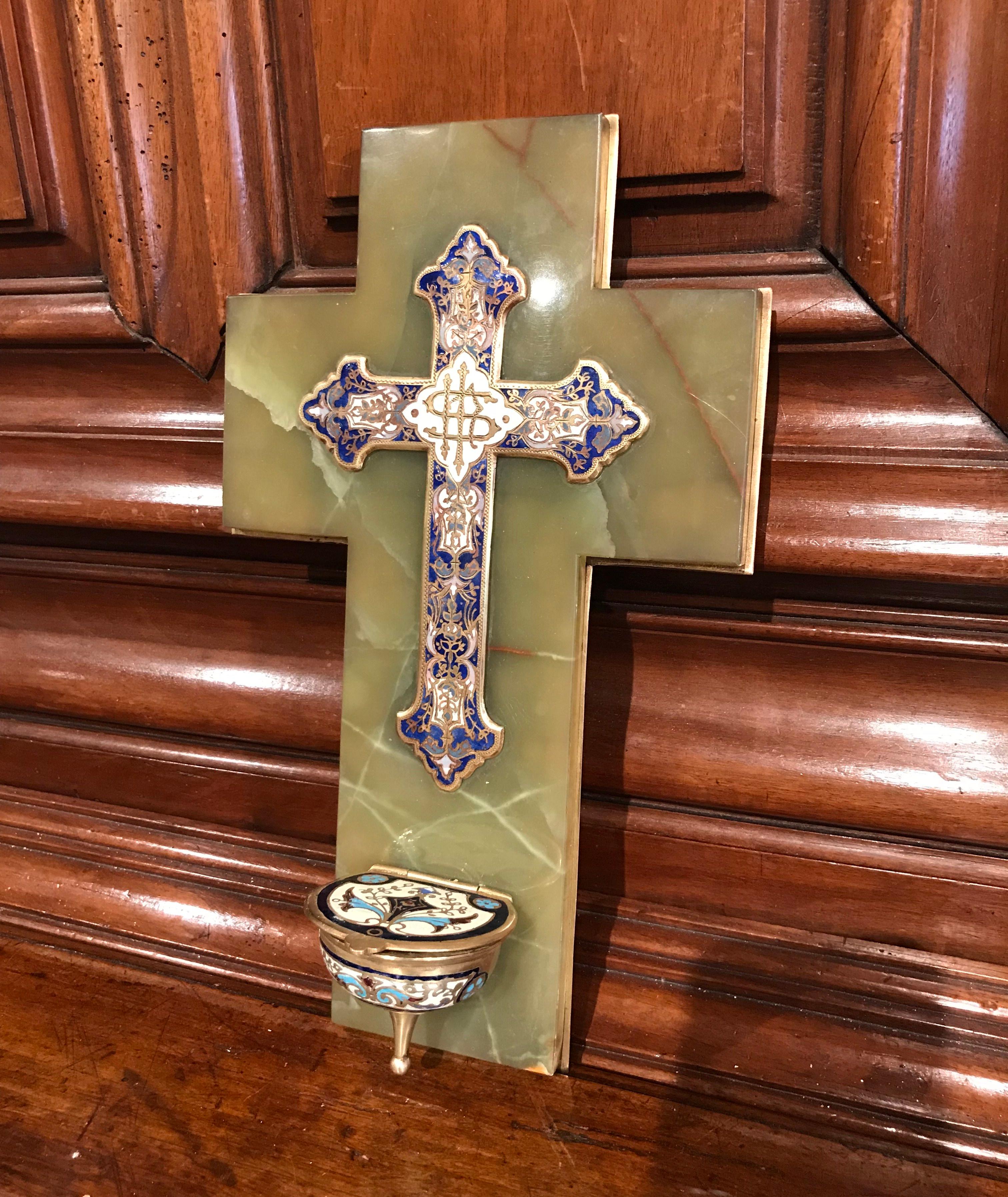 This large marble and bronze cross with holy water recipient was created in France, circa 1870. The antique piece features beautiful, intricate cloisonné work with enamel, stone and bronze and a gleaming green marble base. Cloisonné is an ancient