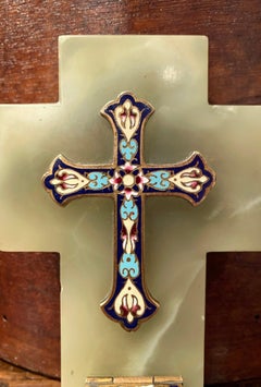 19th Century French Brass & Champleve Cross with Holy Water Font on Green Marble