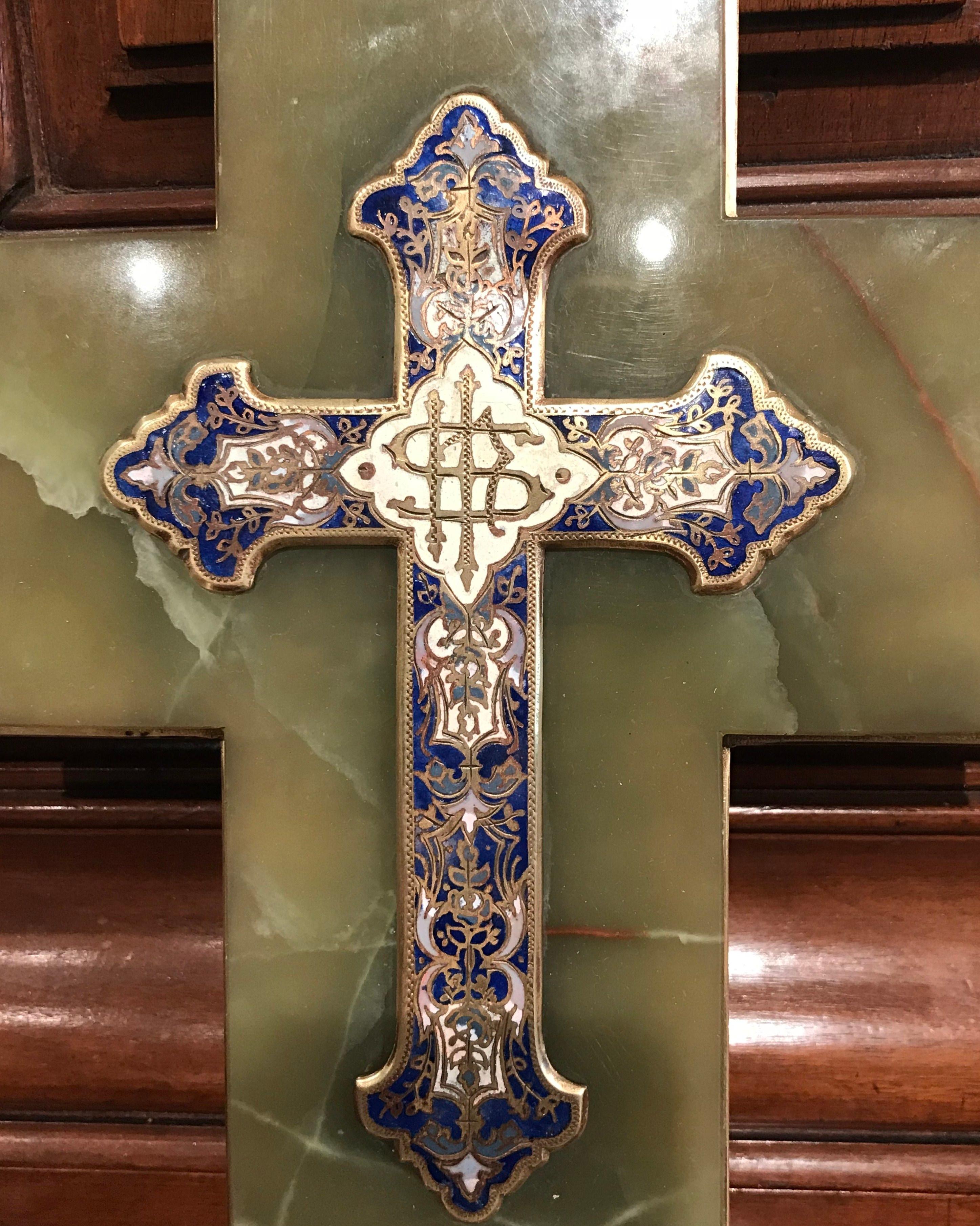 19th Century French Brass & Champlevé Cross with Holy Water Font on Green Marble In Excellent Condition In Dallas, TX