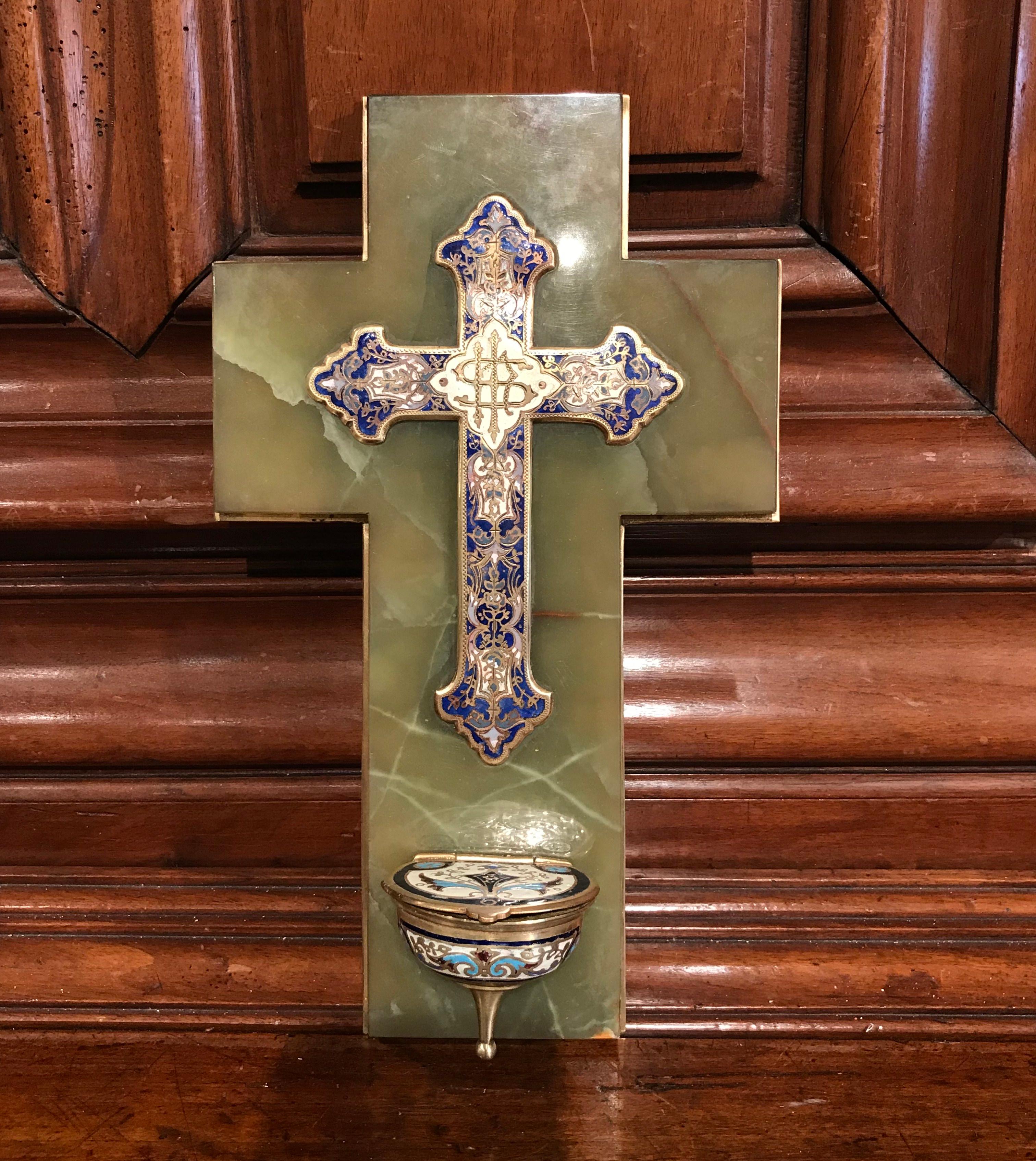 19th Century French Brass & Champlevé Cross with Holy Water Font on Green Marble 1