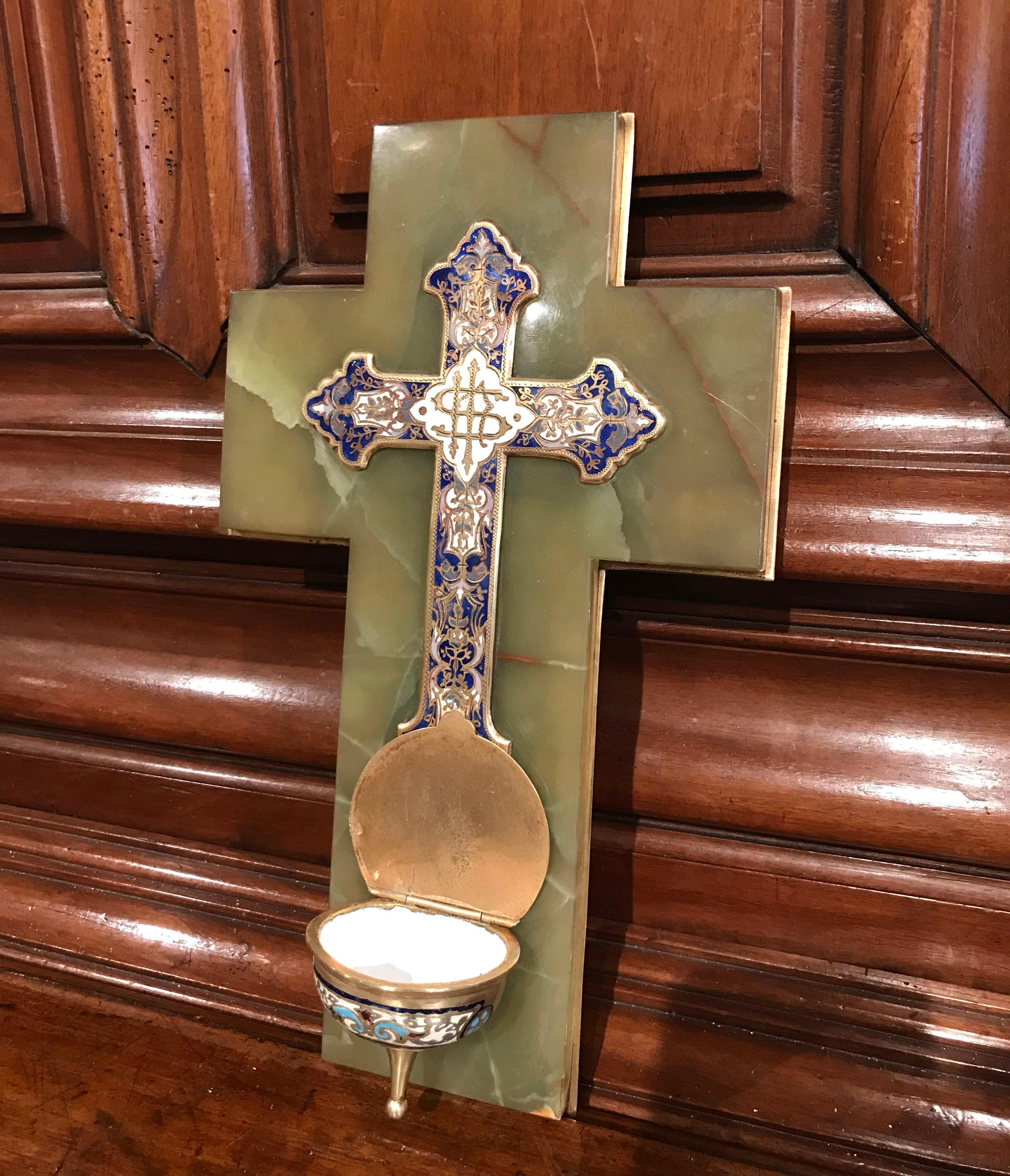 19th Century French Brass & Champlevé Cross with Holy Water Font on Green Marble 2