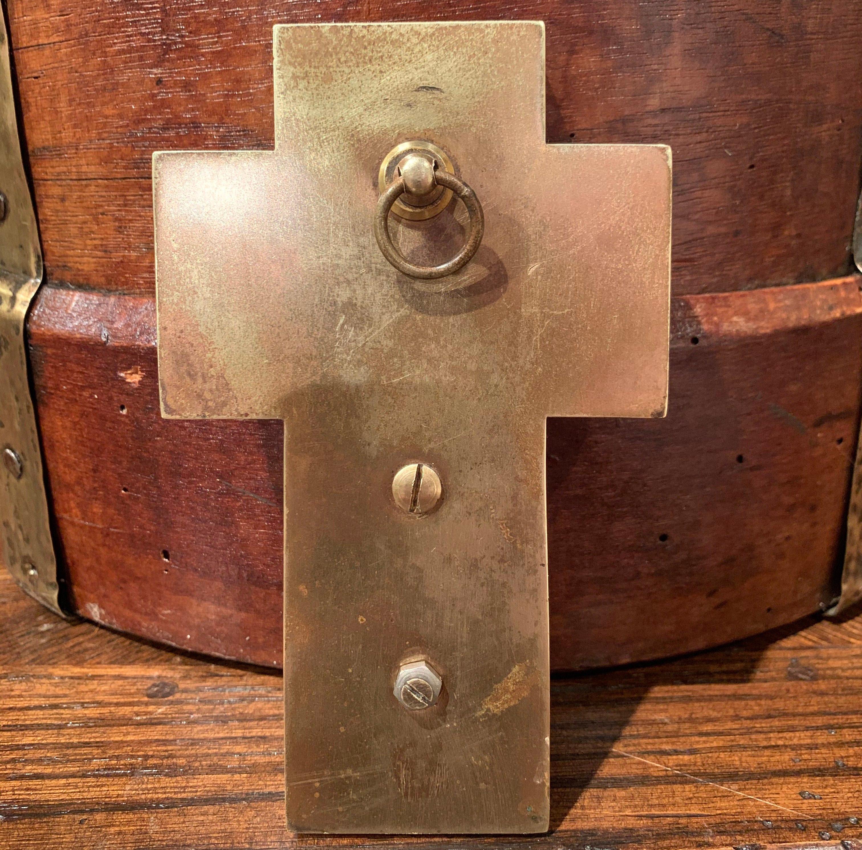 19th Century French Brass & Champleve Cross with Holy Water Font on Green Marble In Excellent Condition For Sale In Dallas, TX