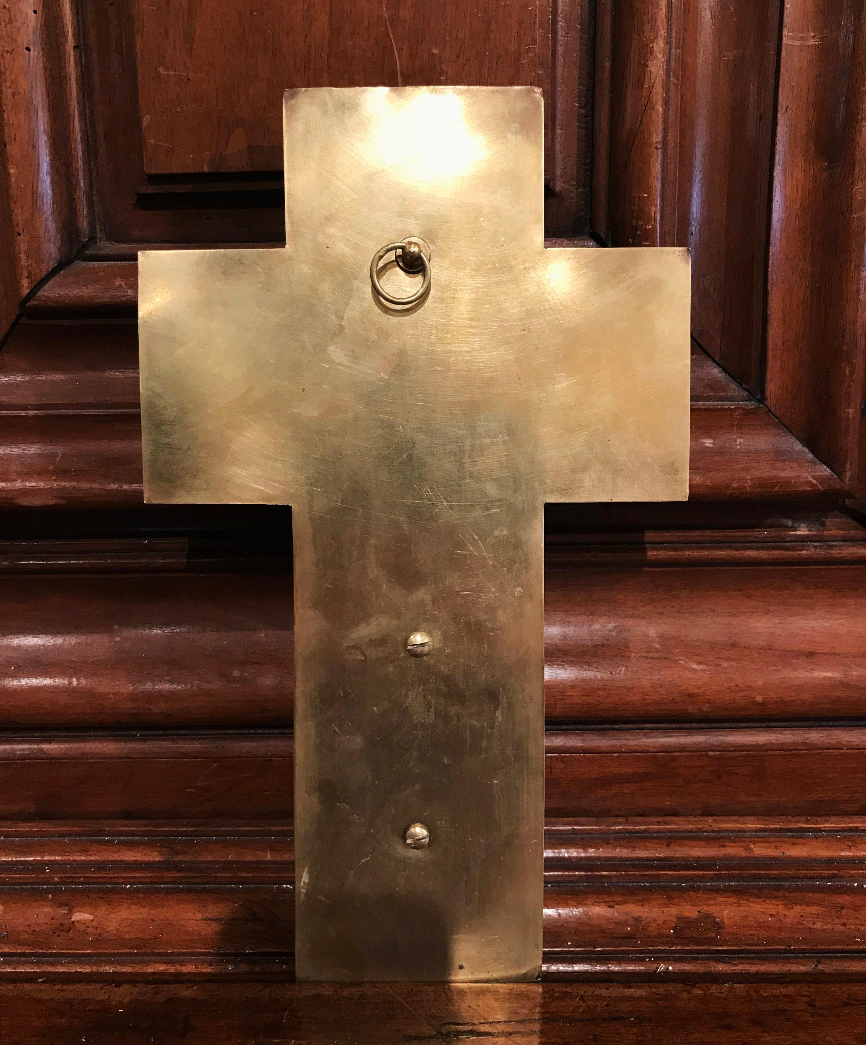 19th Century French Brass & Champlevé Cross with Holy Water Font on Green Marble 4