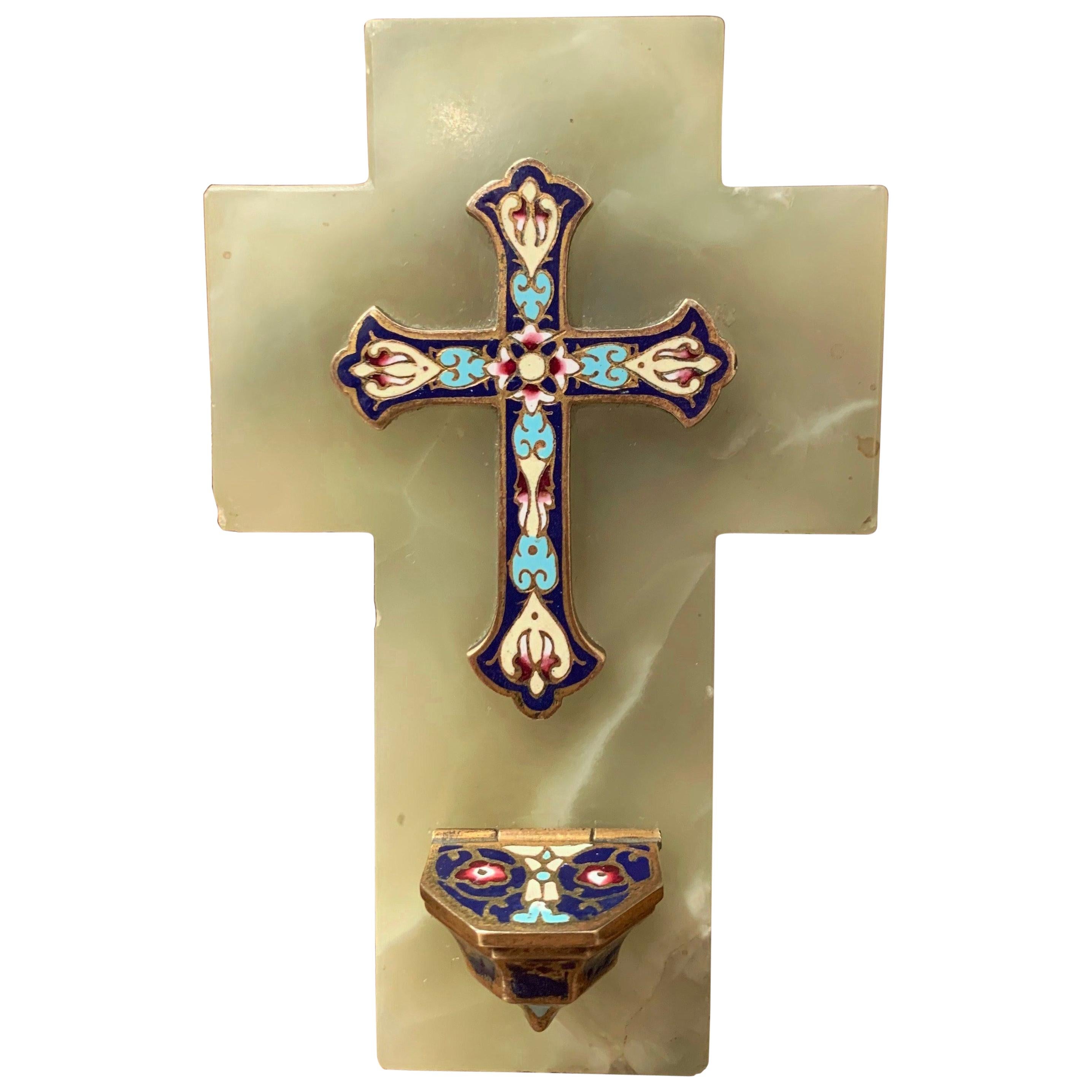 19th Century French Brass & Champleve Cross with Holy Water Font on Green Marble For Sale