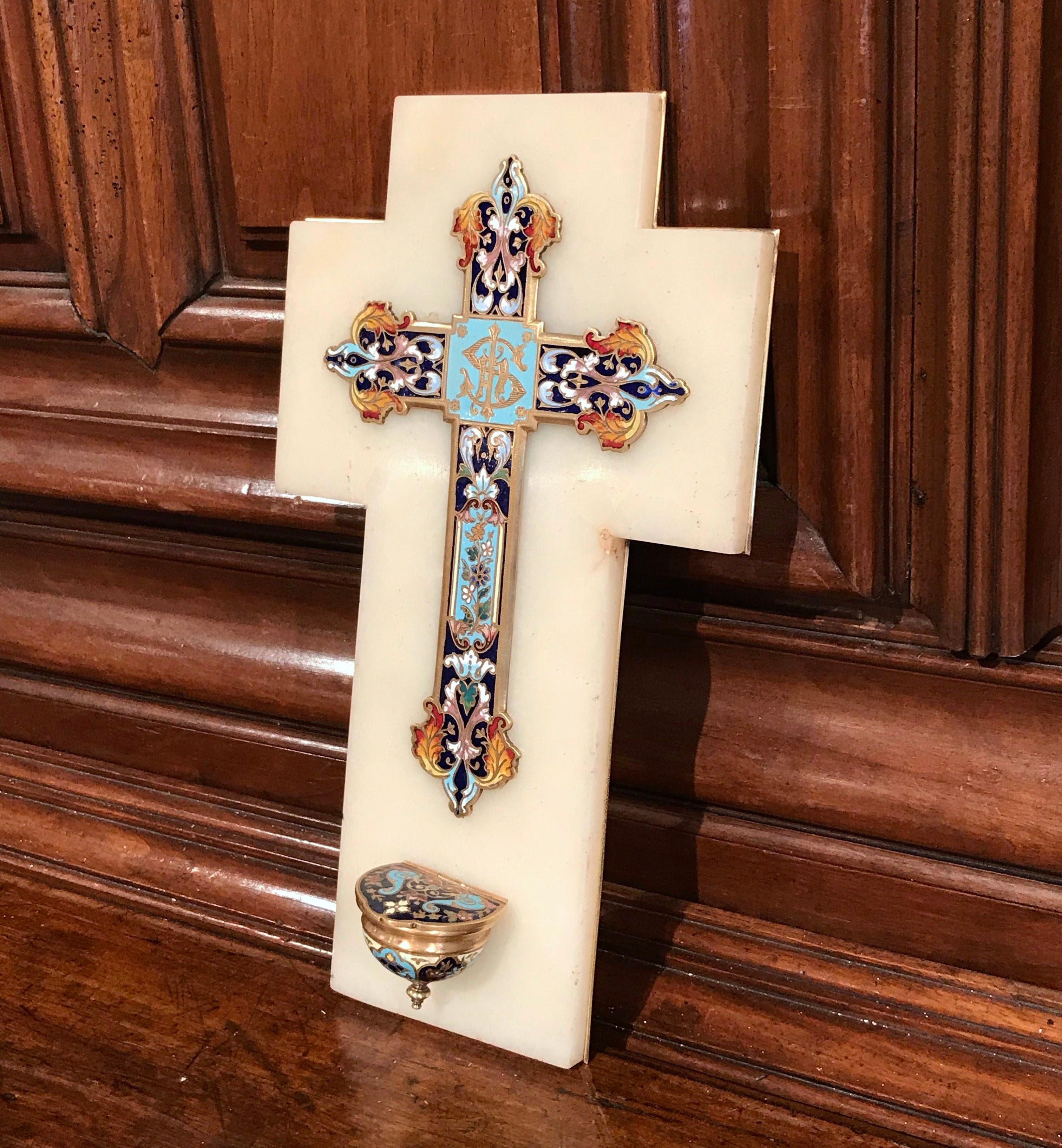 This large marble and bronze cross with holy water recipient was created in France, circa 1870. The antique piece features beautiful, intricate cloisonné work with enamel, stone and bronze and a gleaming green marble base. The religious object is in