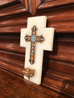 19th Century French Brass & Cloisonné Cross with Holy Water Font on White Marble
