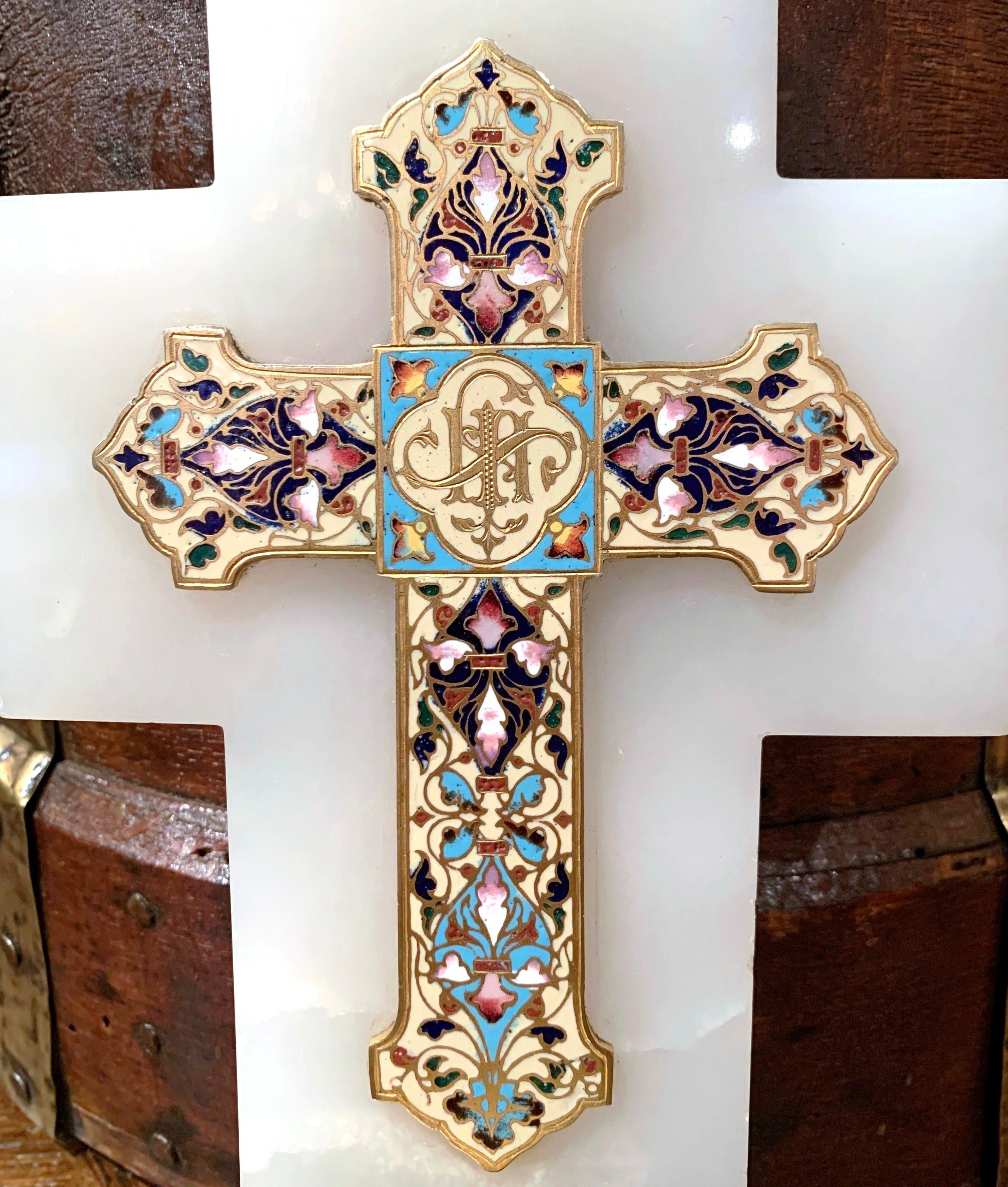 This colorful marble and brass cross with holy water recipient was created in France, circa 1880. The antique cross features beautiful, intricate cloisonné work with enamel, stone and bronze and is mount on a gleaming white marble plaque. Cloisonné