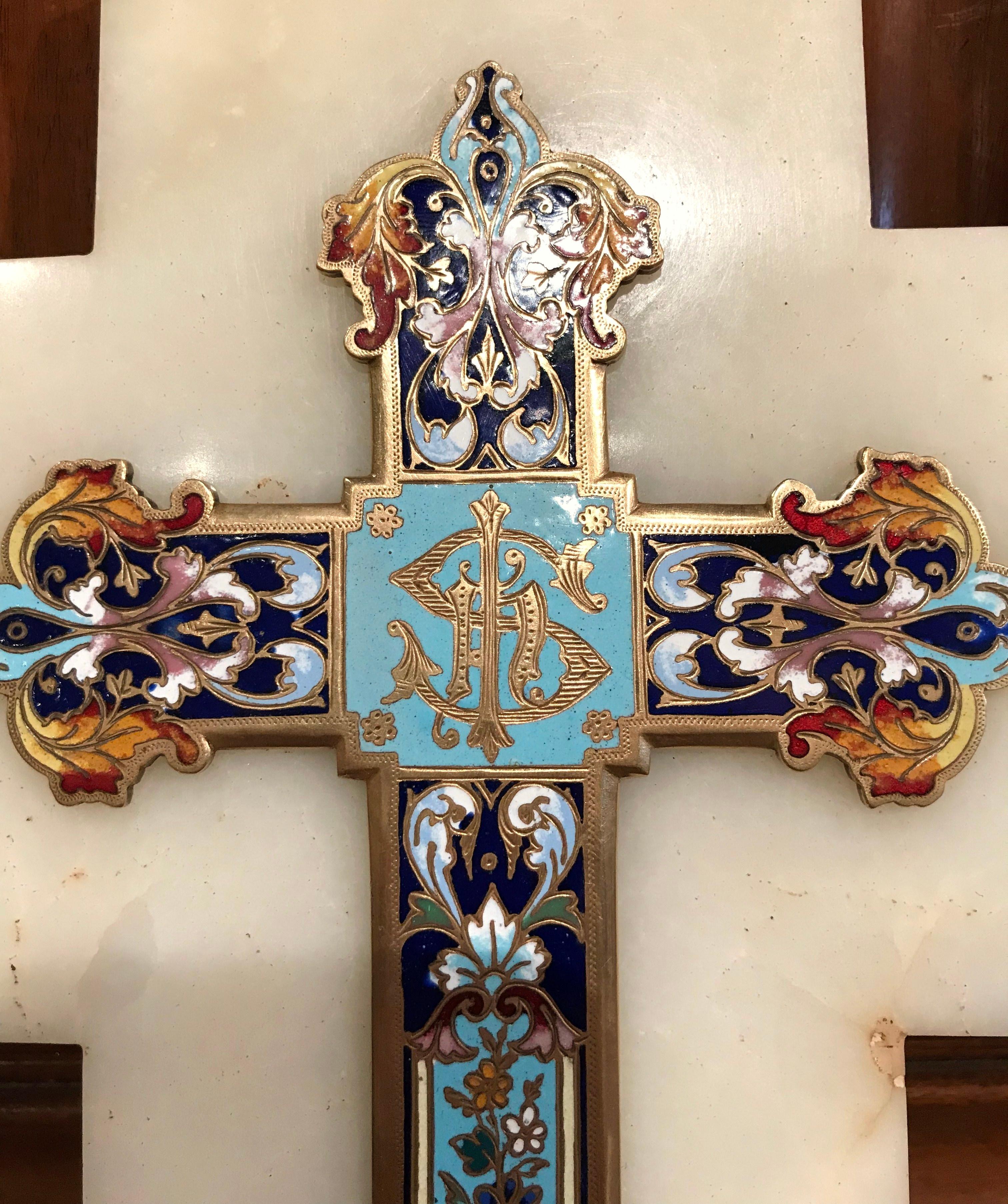 Cloissoné 19th Century French Brass & Cloisonné Cross with Holy Water Font on White Marble