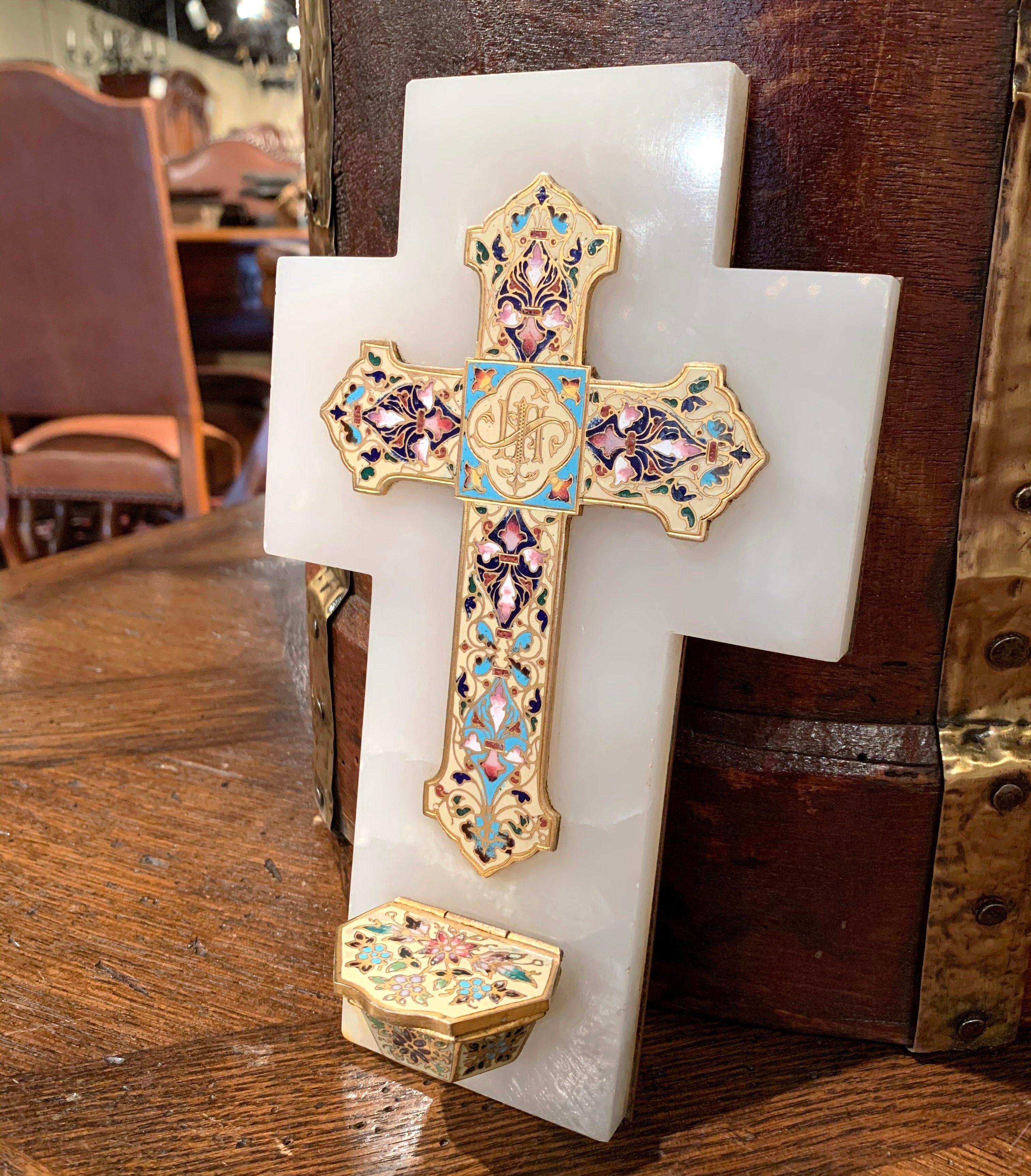 19th Century French Brass & Champleve Cross with Holy Water Font on White Marble In Excellent Condition In Dallas, TX