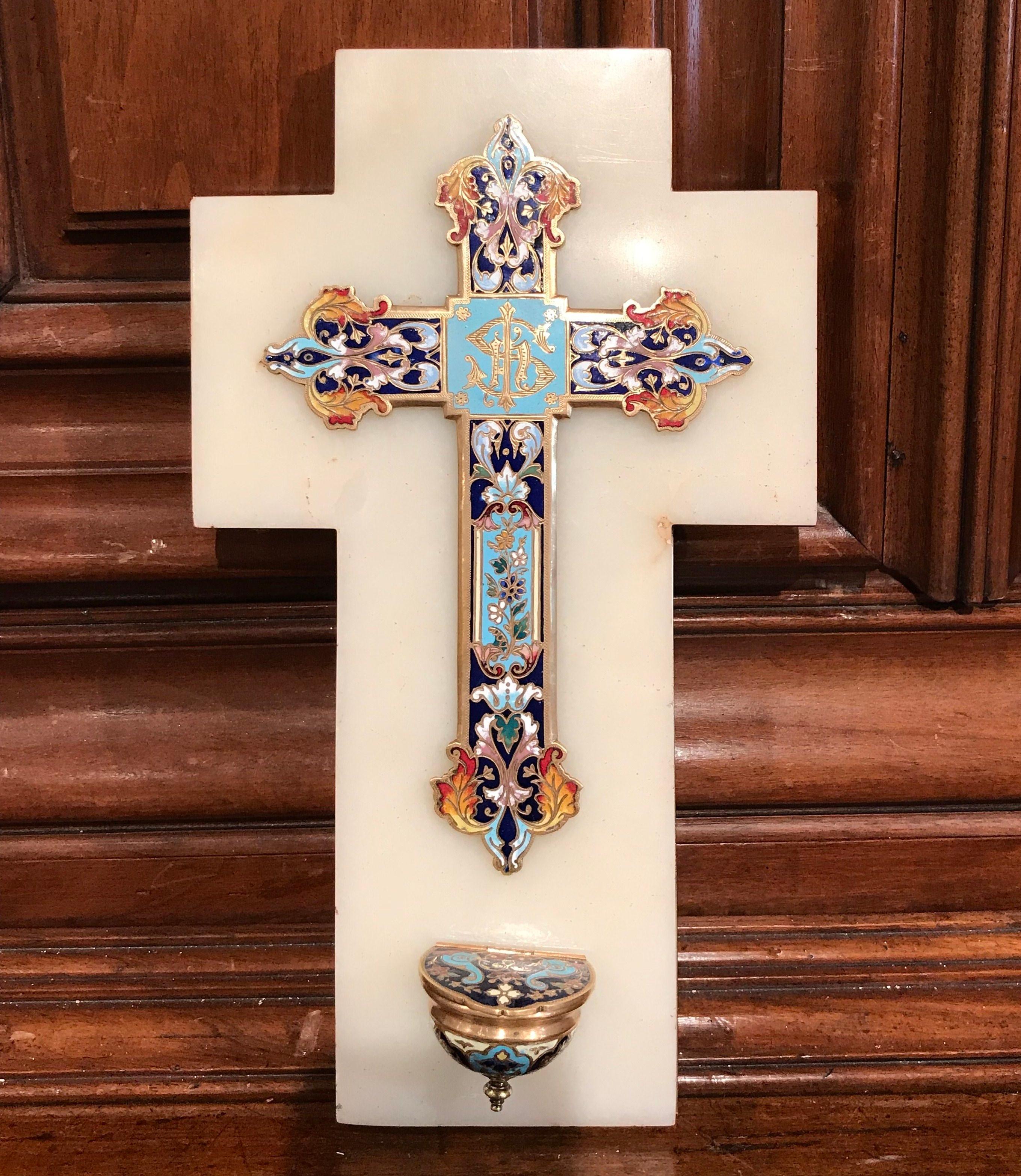19th Century French Brass & Cloisonné Cross with Holy Water Font on White Marble In Excellent Condition In Dallas, TX