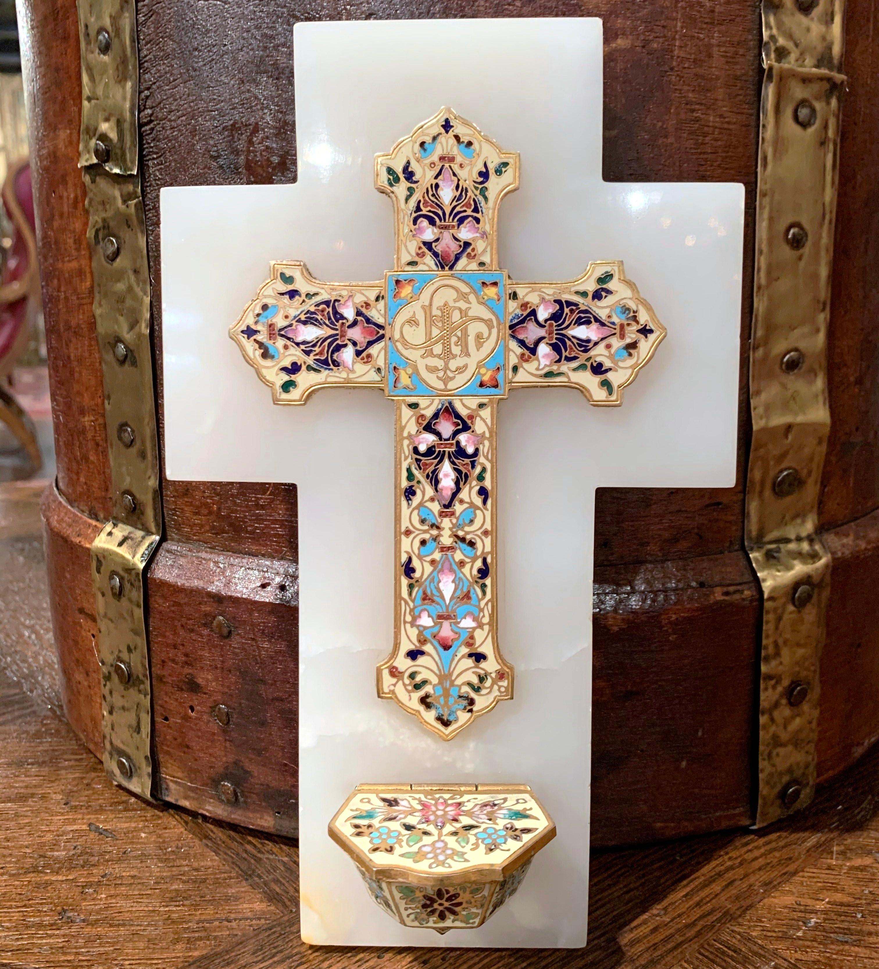 19th Century French Brass & Champleve Cross with Holy Water Font on White Marble 1