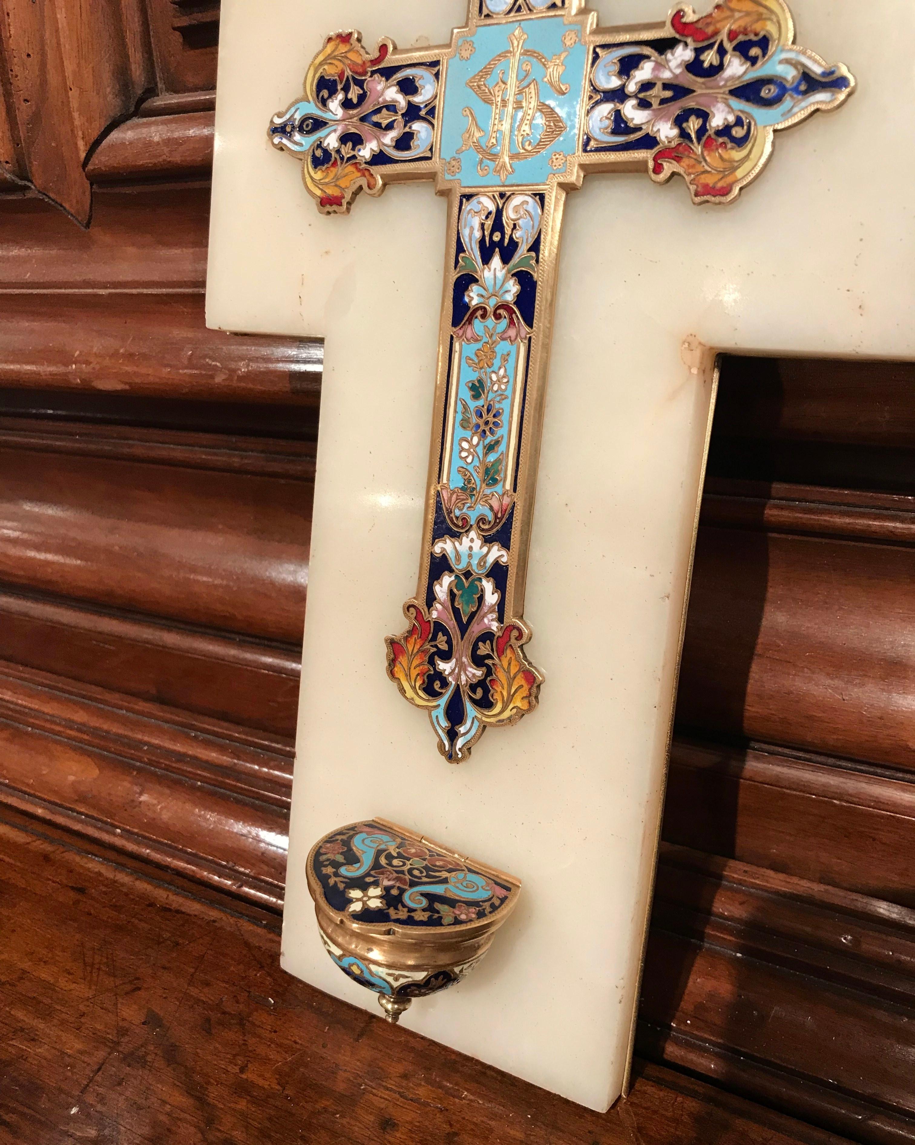19th Century French Brass & Cloisonné Cross with Holy Water Font on White Marble 1