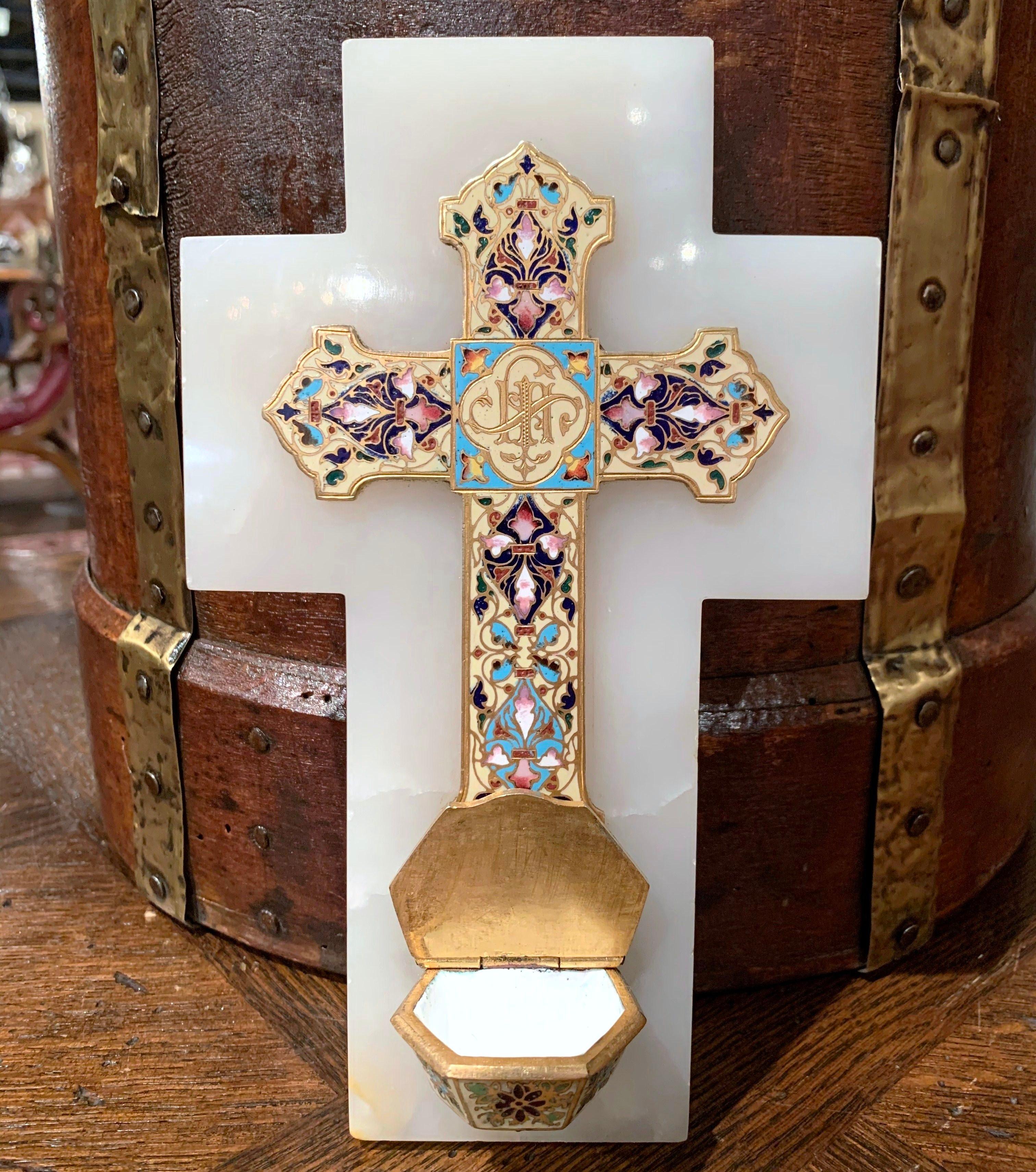 19th Century French Brass & Champleve Cross with Holy Water Font on White Marble 2