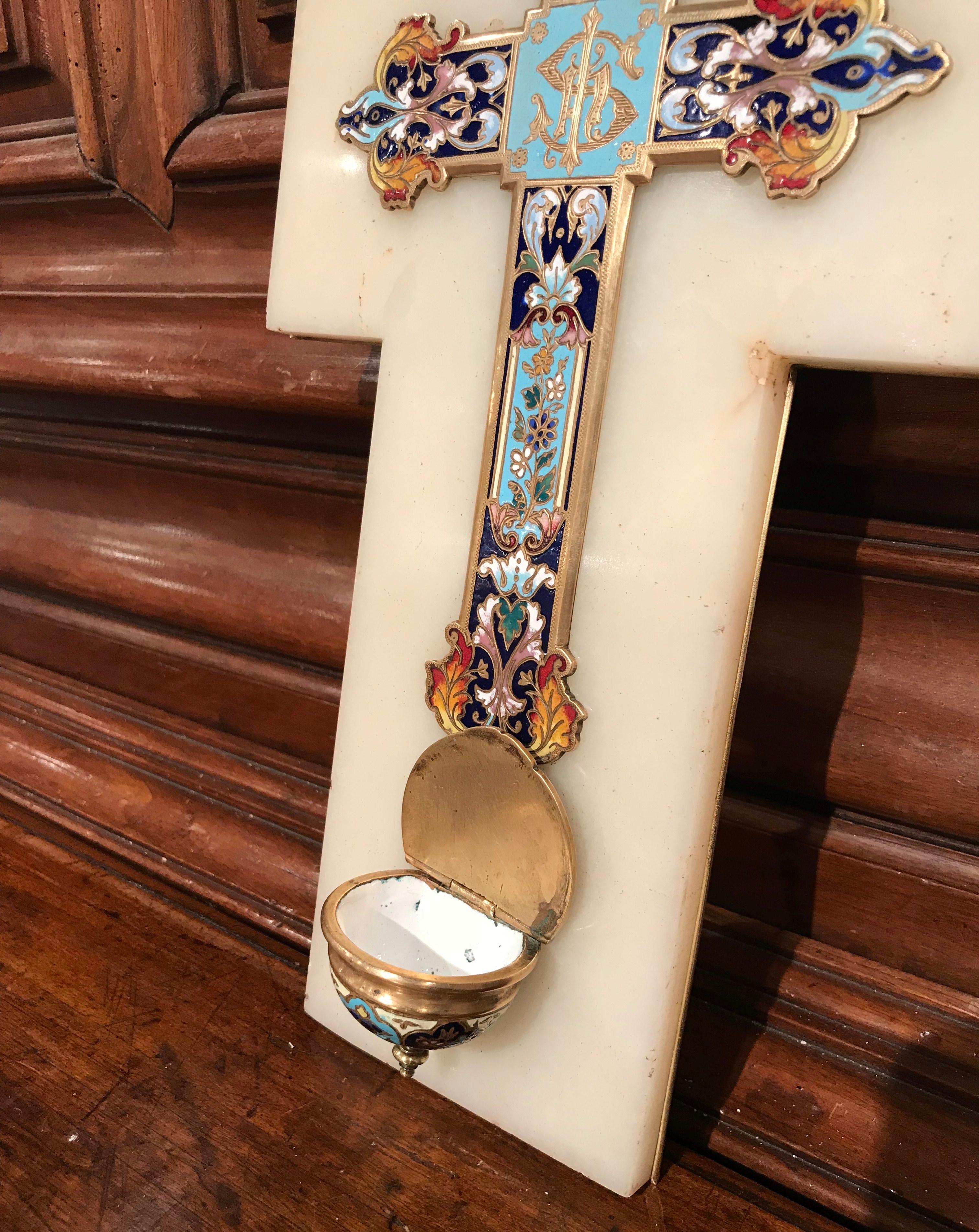 19th Century French Brass & Cloisonné Cross with Holy Water Font on White Marble 2