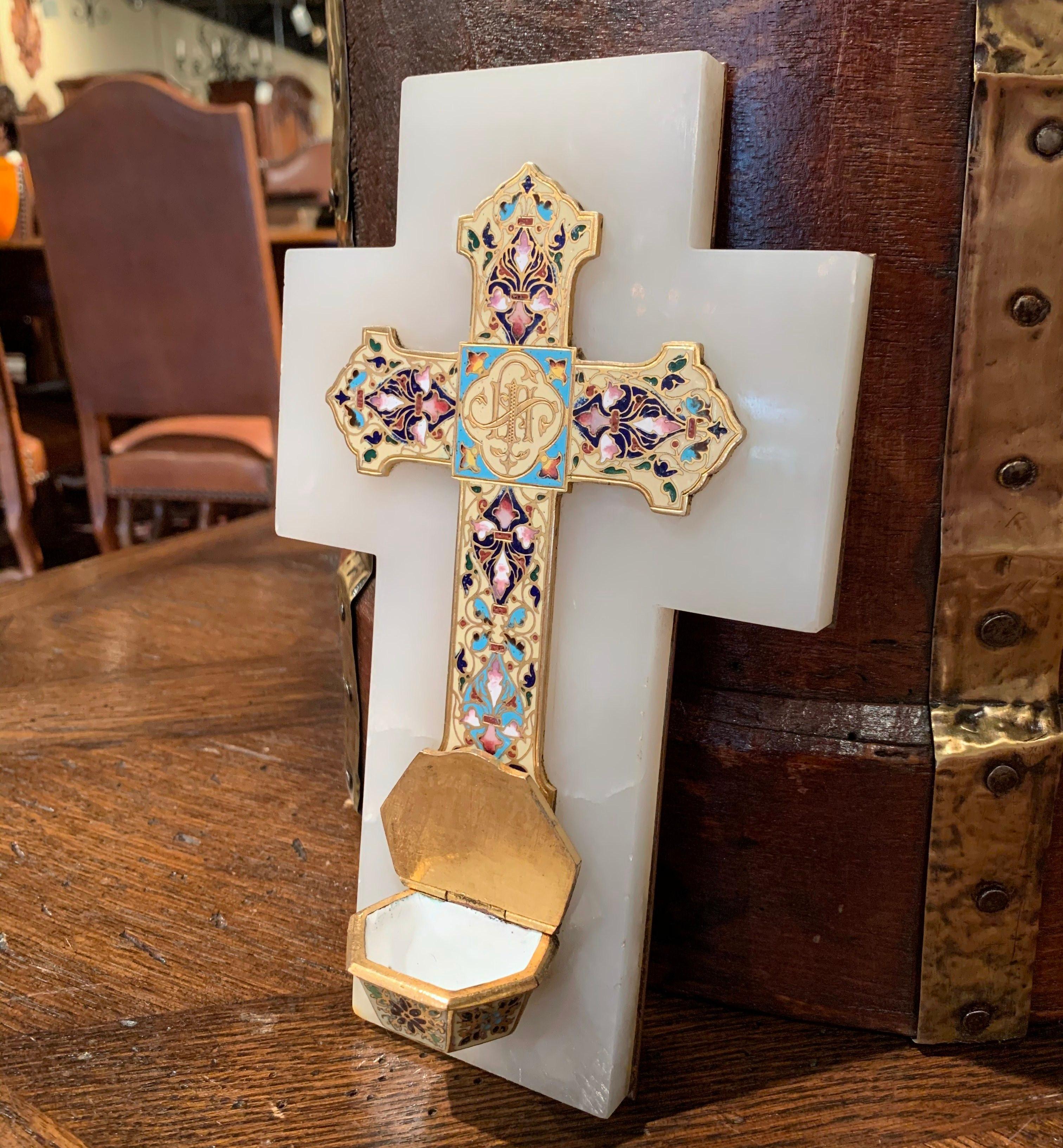 19th Century French Brass & Champleve Cross with Holy Water Font on White Marble 3