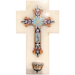 19th Century French Brass & Cloisonné Cross with Holy Water Font on White Marble