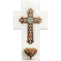 19th Century French Brass & Cloisonné Cross with Holy Water Font on White Marble