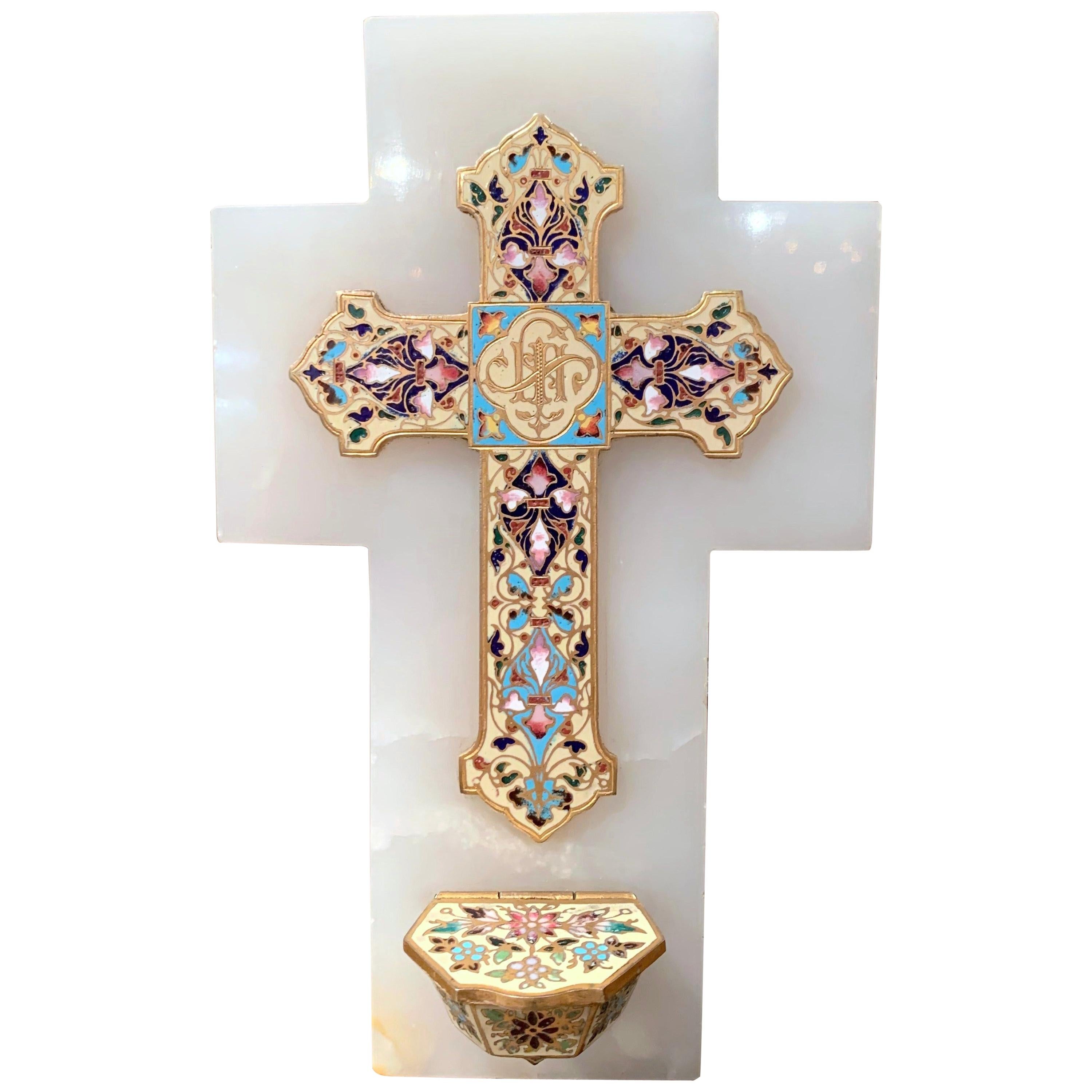 19th Century French Brass & Champleve Cross with Holy Water Font on White Marble