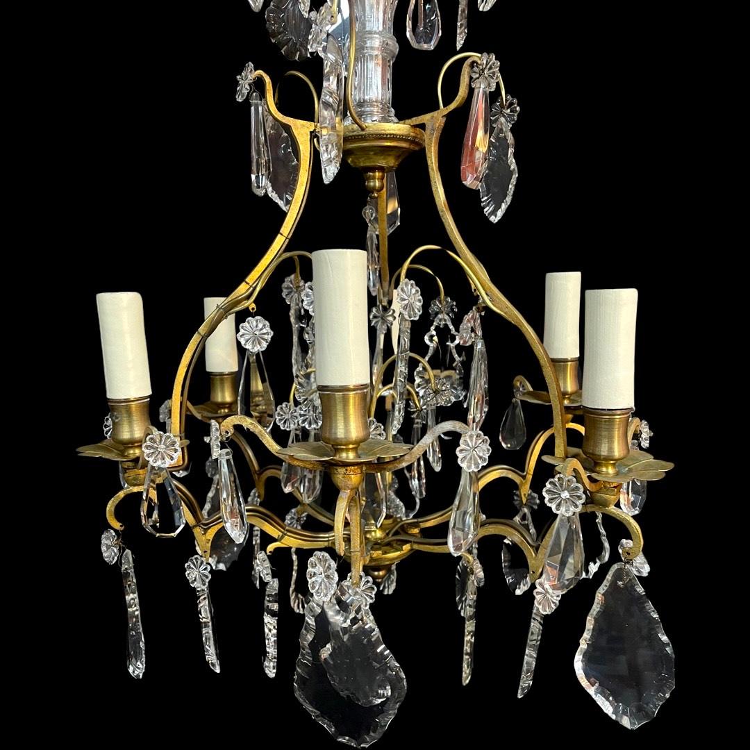 19th Century French Brass & Crystal Cage Chandelier In Good Condition For Sale In London, GB