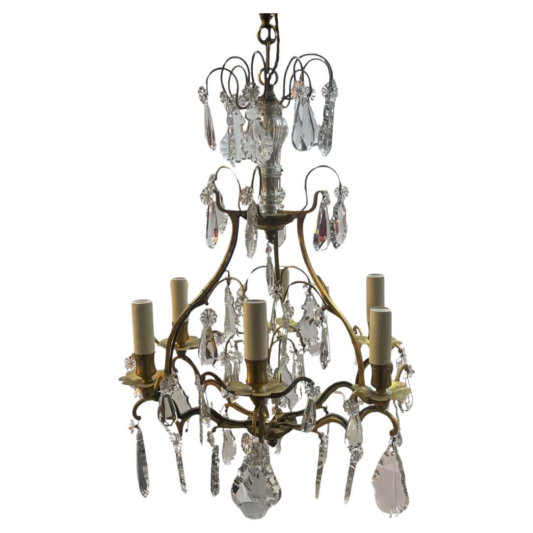 19th Century French Brass & Crystal Cage Chandelier
