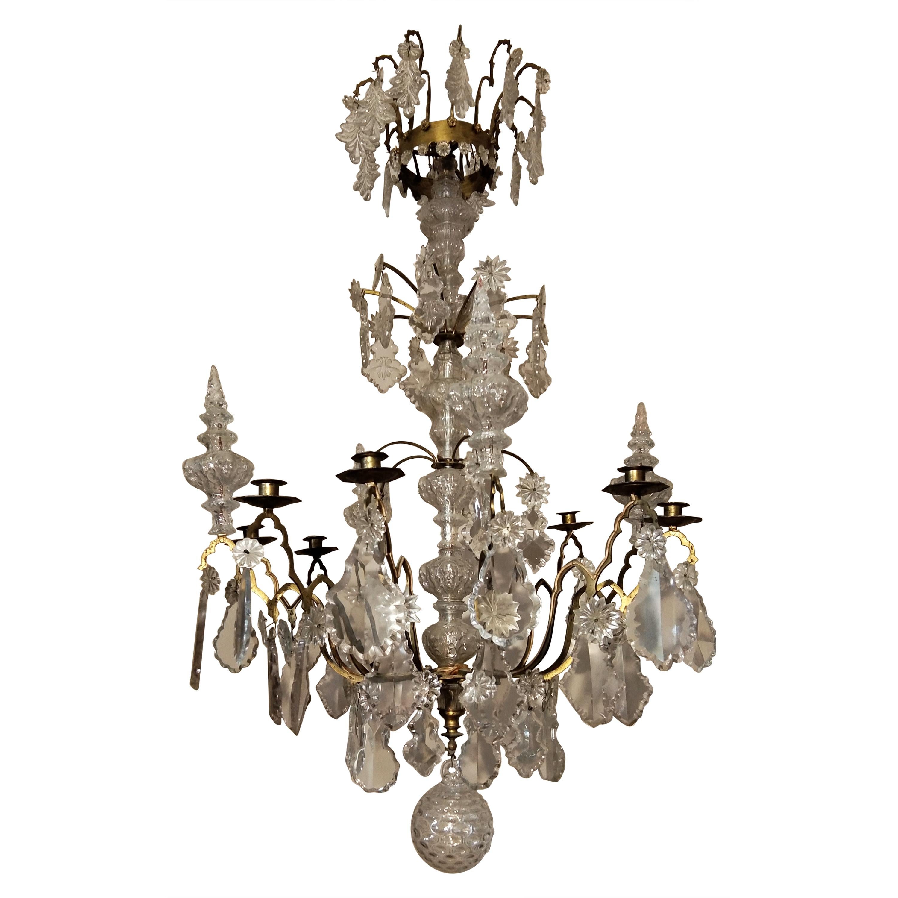 19th Century French Brass Crystal Chandelier For Sale