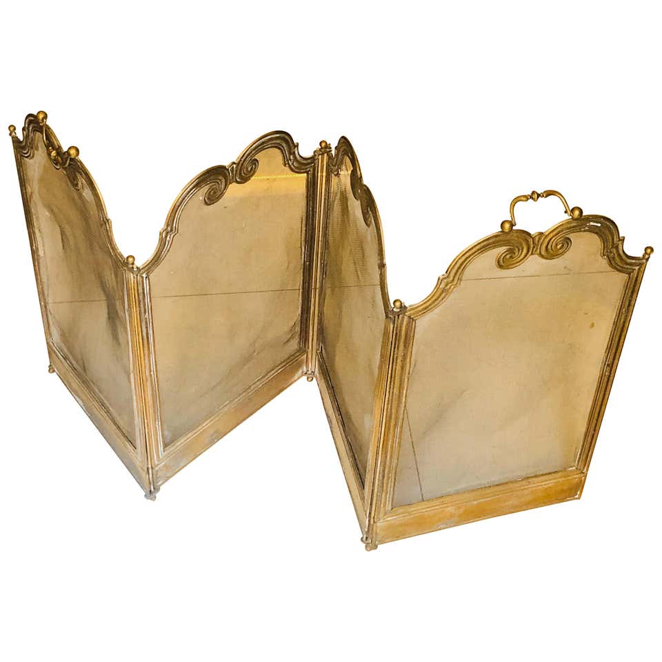 19th Century French Brass Fireplace Screen in Four Panels of Metal Net ...