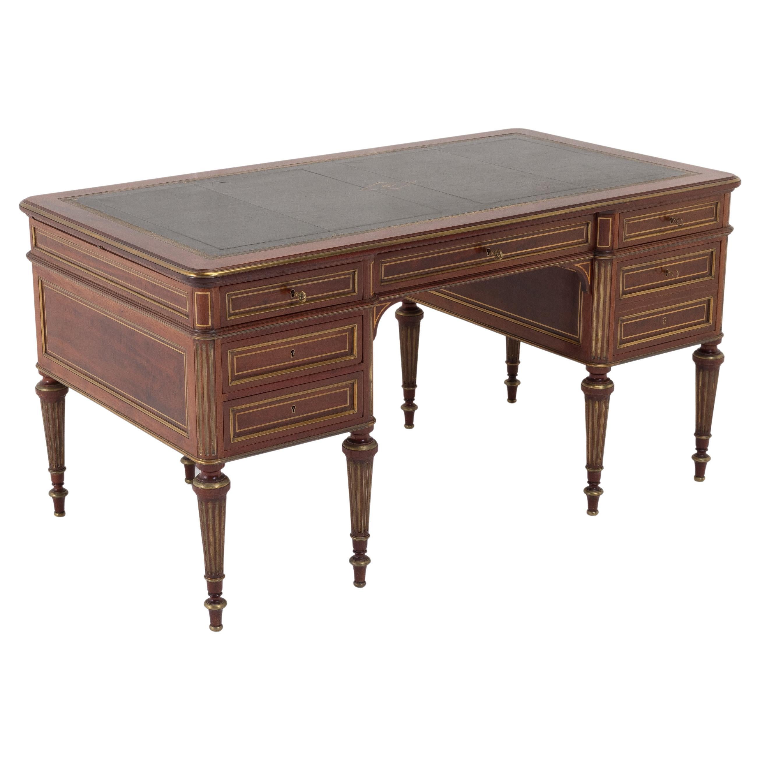 19th Century French Brass Inlaid Mahogany Desk For Sale