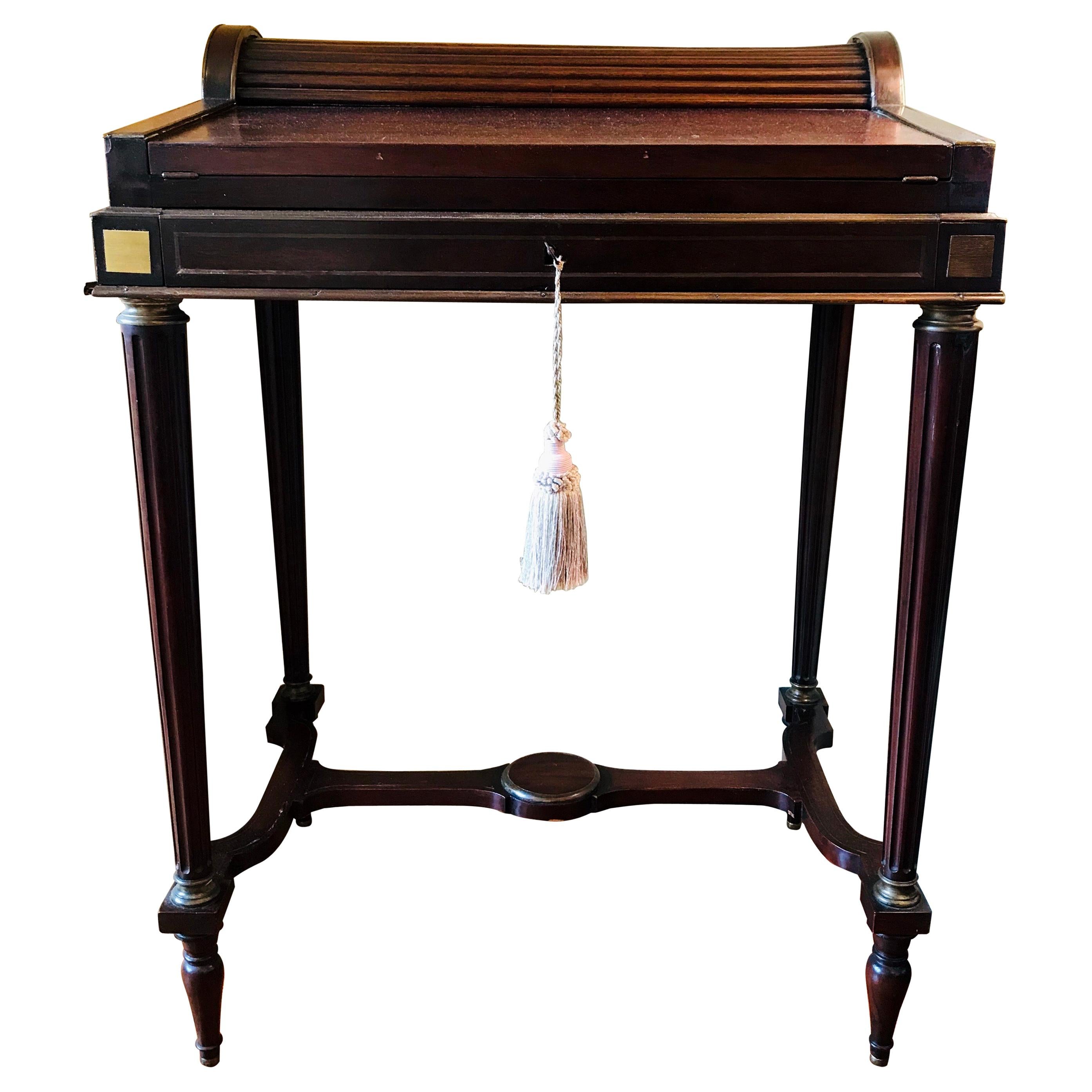 19th Century French Brass Inlay Rosewood Writing Desk with Cylinder Roll Top For Sale