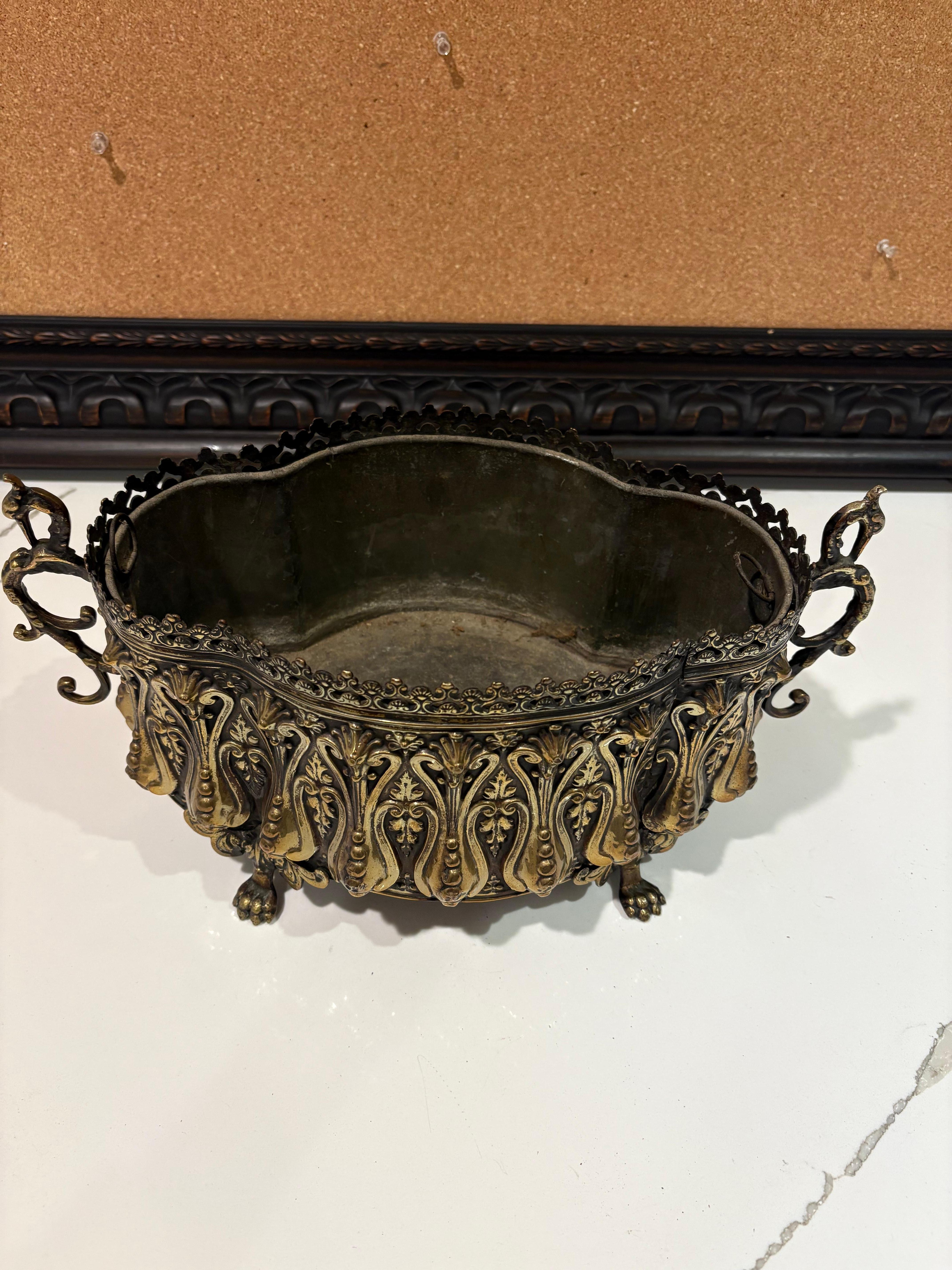 20th Century 19th century French Brass Jardiniere on feet with tin liner
