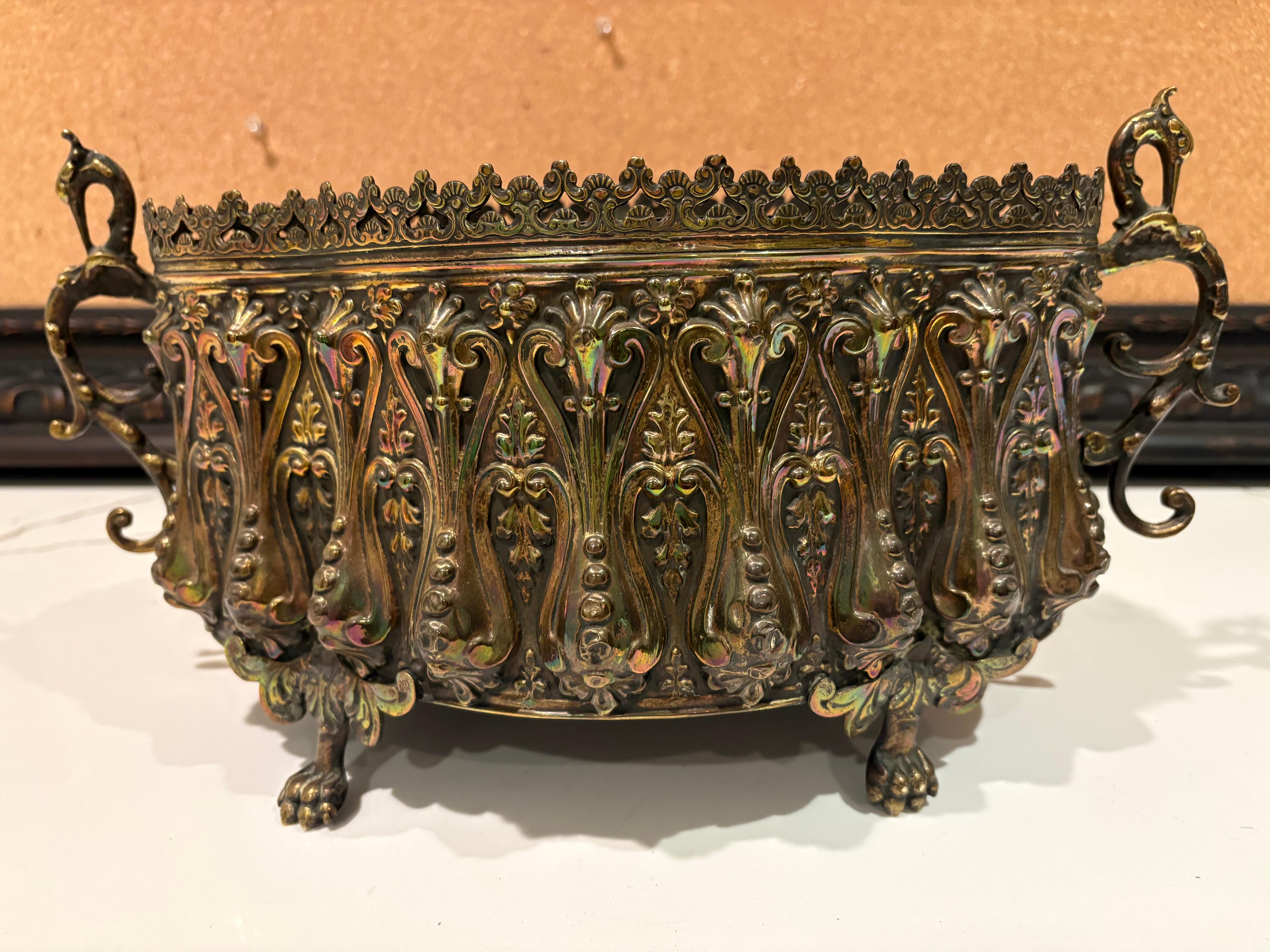 19th century French Brass Jardiniere on feet with tin liner 2
