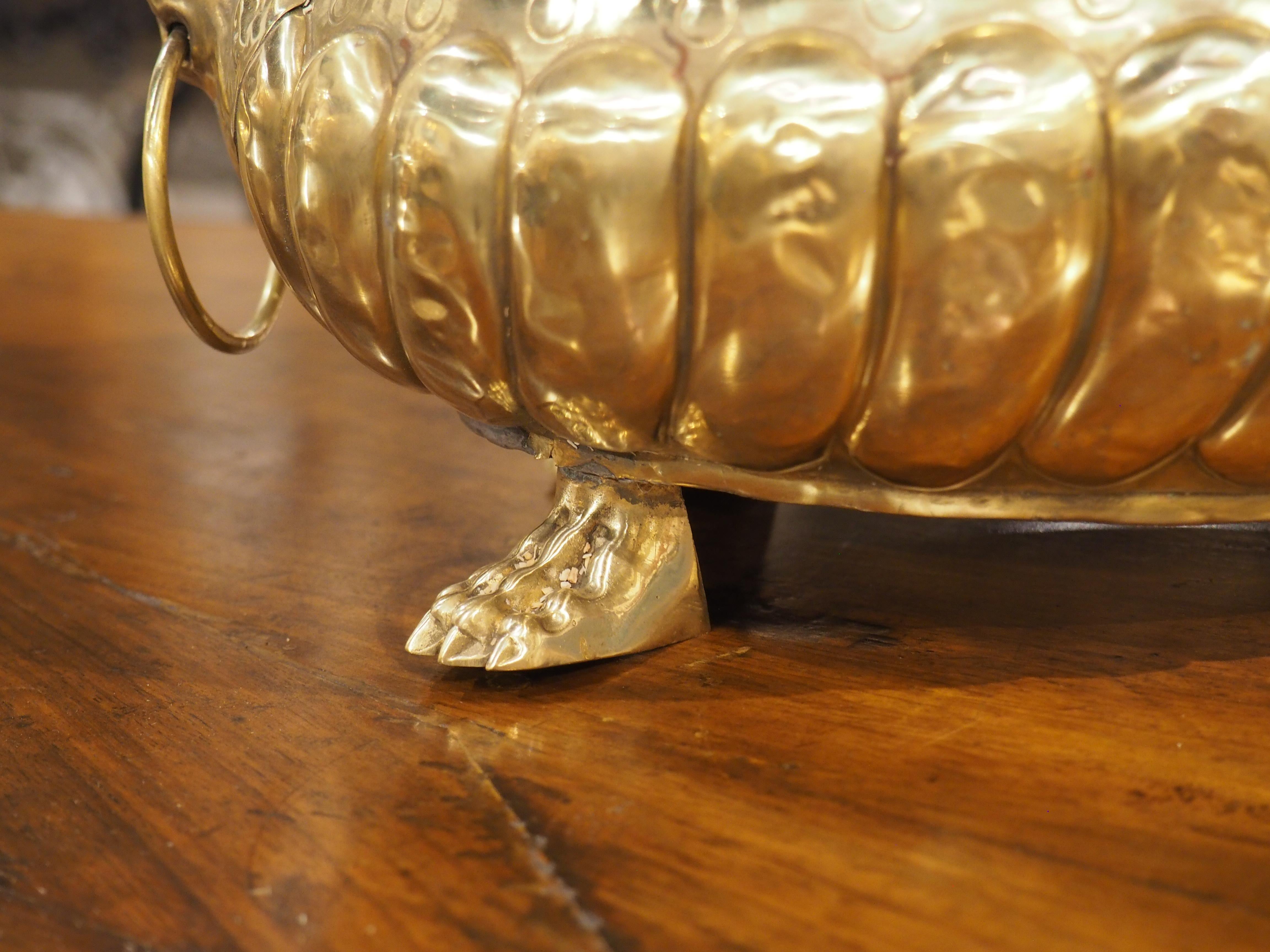Hammered 19th Century French Brass Lobed Jardiniere with Lion Mascarons and Paw Feet