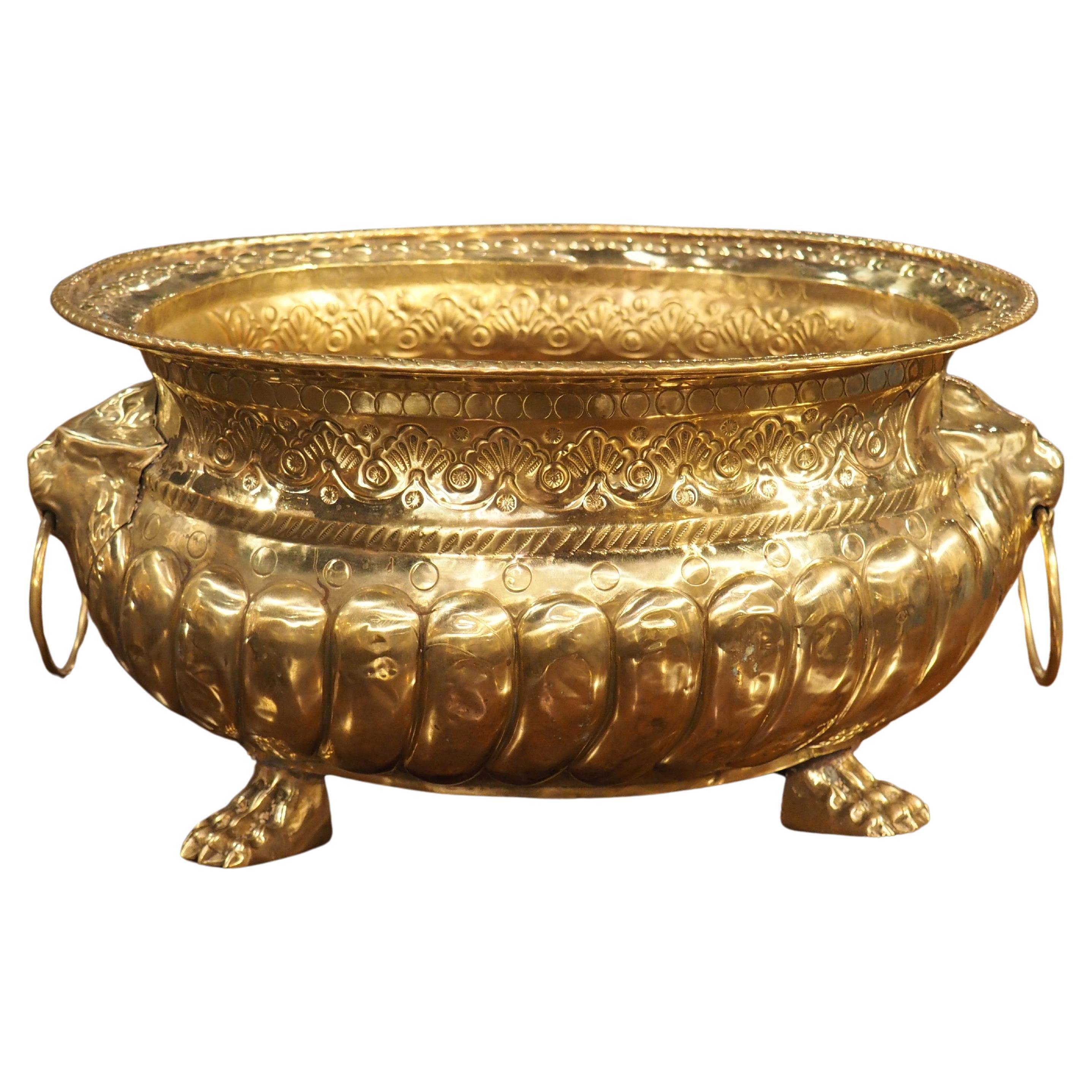 19th Century French Brass Lobed Jardiniere with Lion Mascarons and Paw Feet