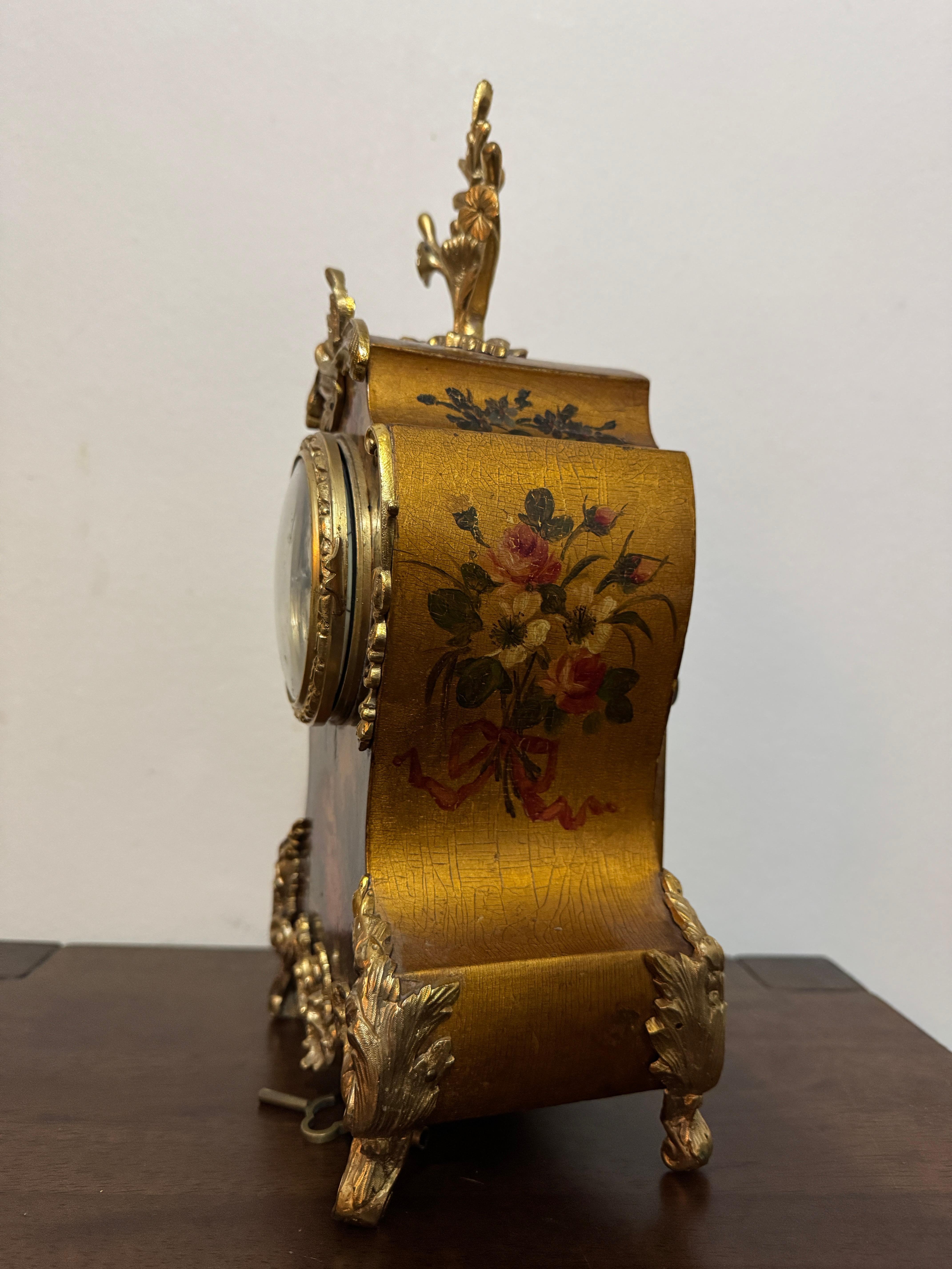 Hand-Painted 19th Century French brass mounted Louis XV-style mantel clock For Sale