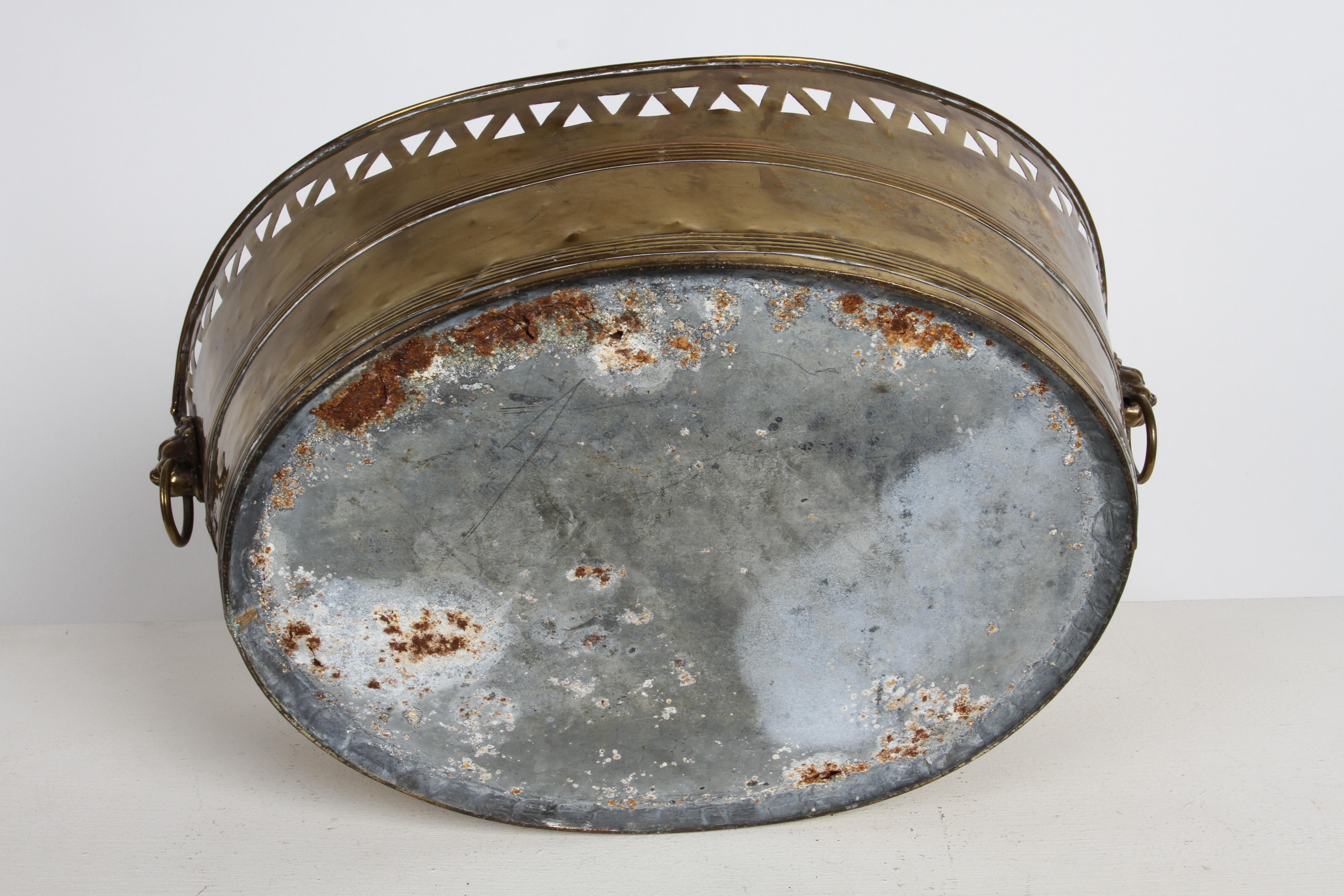 19th Century French Brass Oval Jardinière with Pierced Design & Lions Heads For Sale 9
