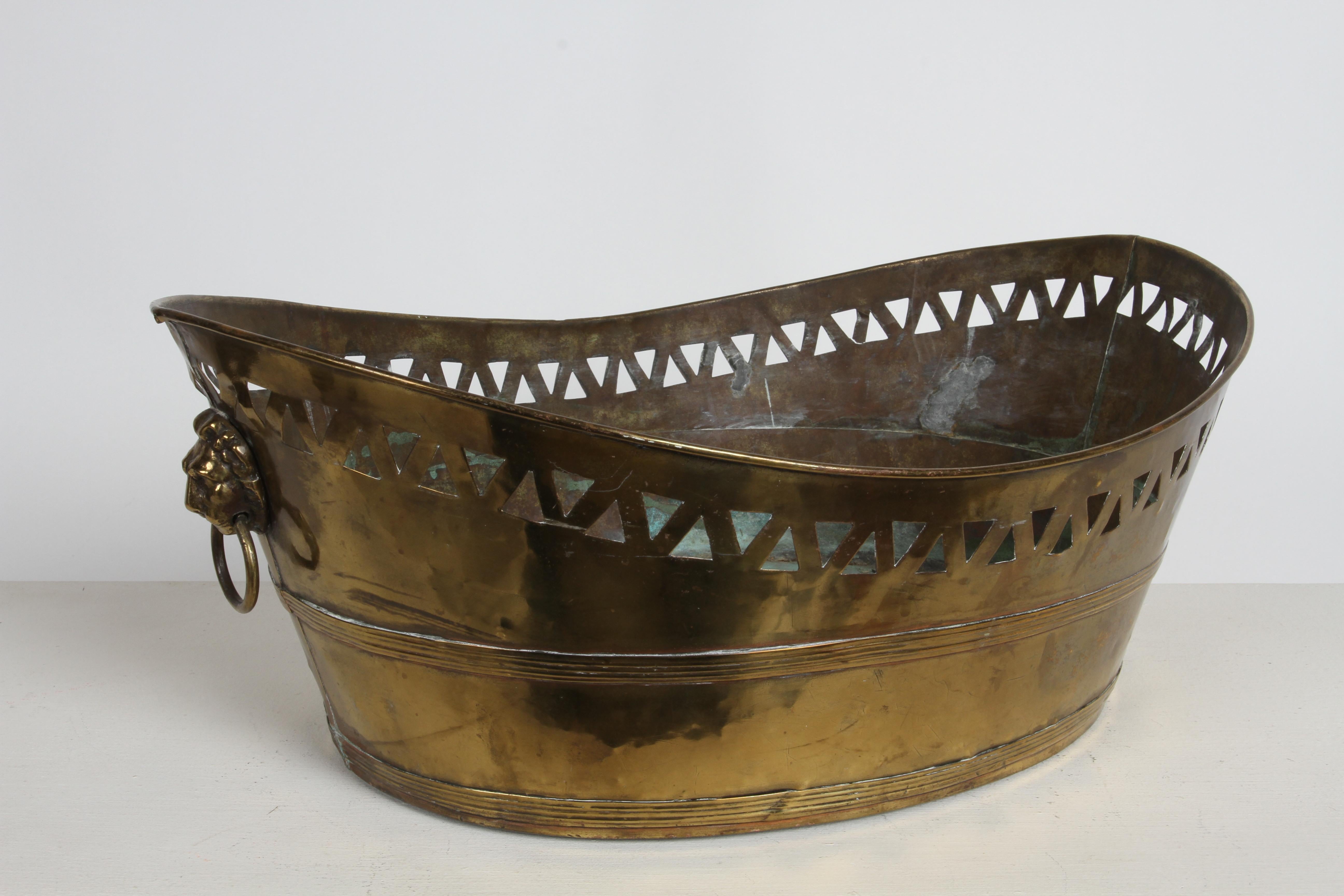 Napoleon III 19th Century French Brass Oval Jardinière with Pierced Design & Lions Heads For Sale