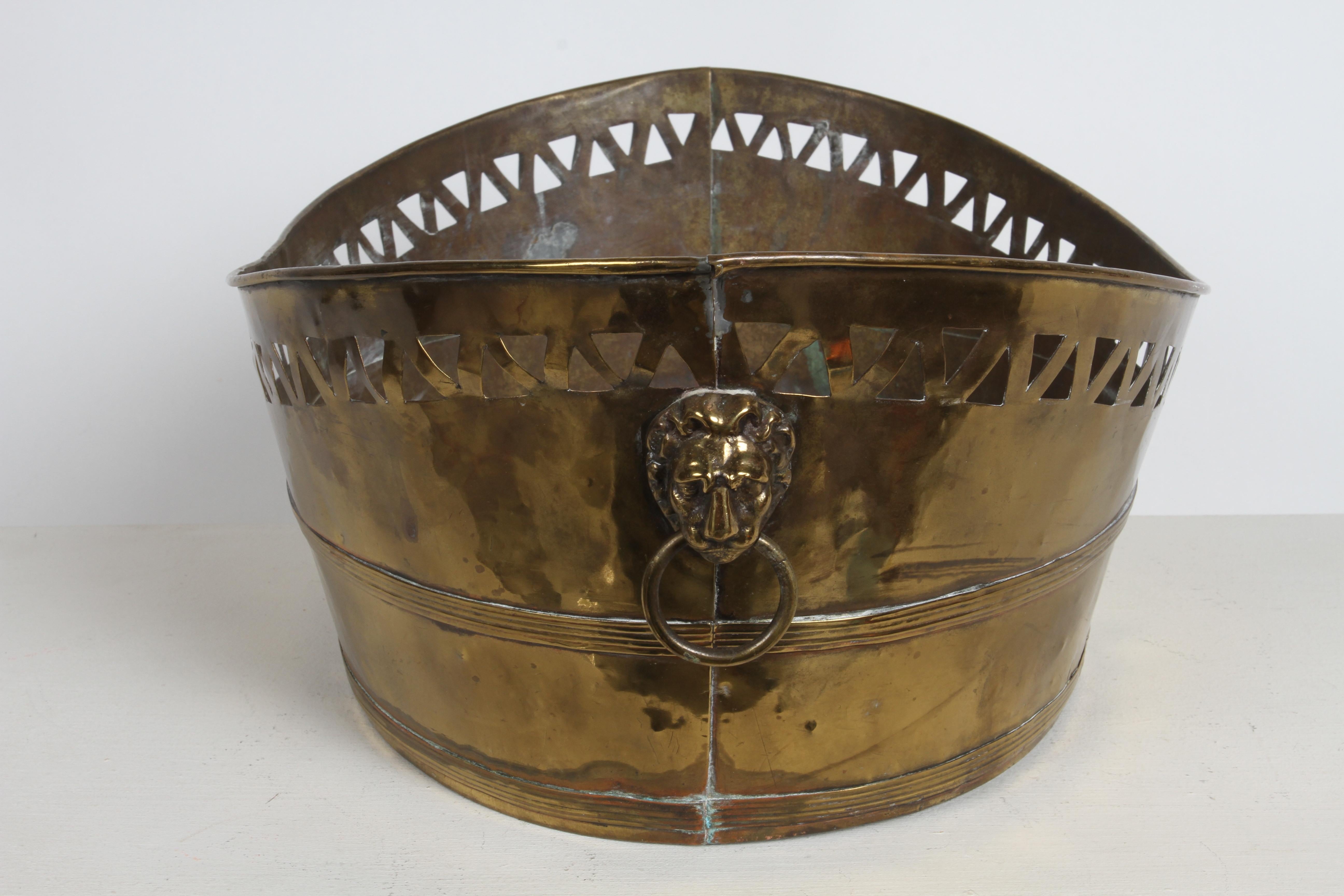 Hand-Crafted 19th Century French Brass Oval Jardinière with Pierced Design & Lions Heads For Sale