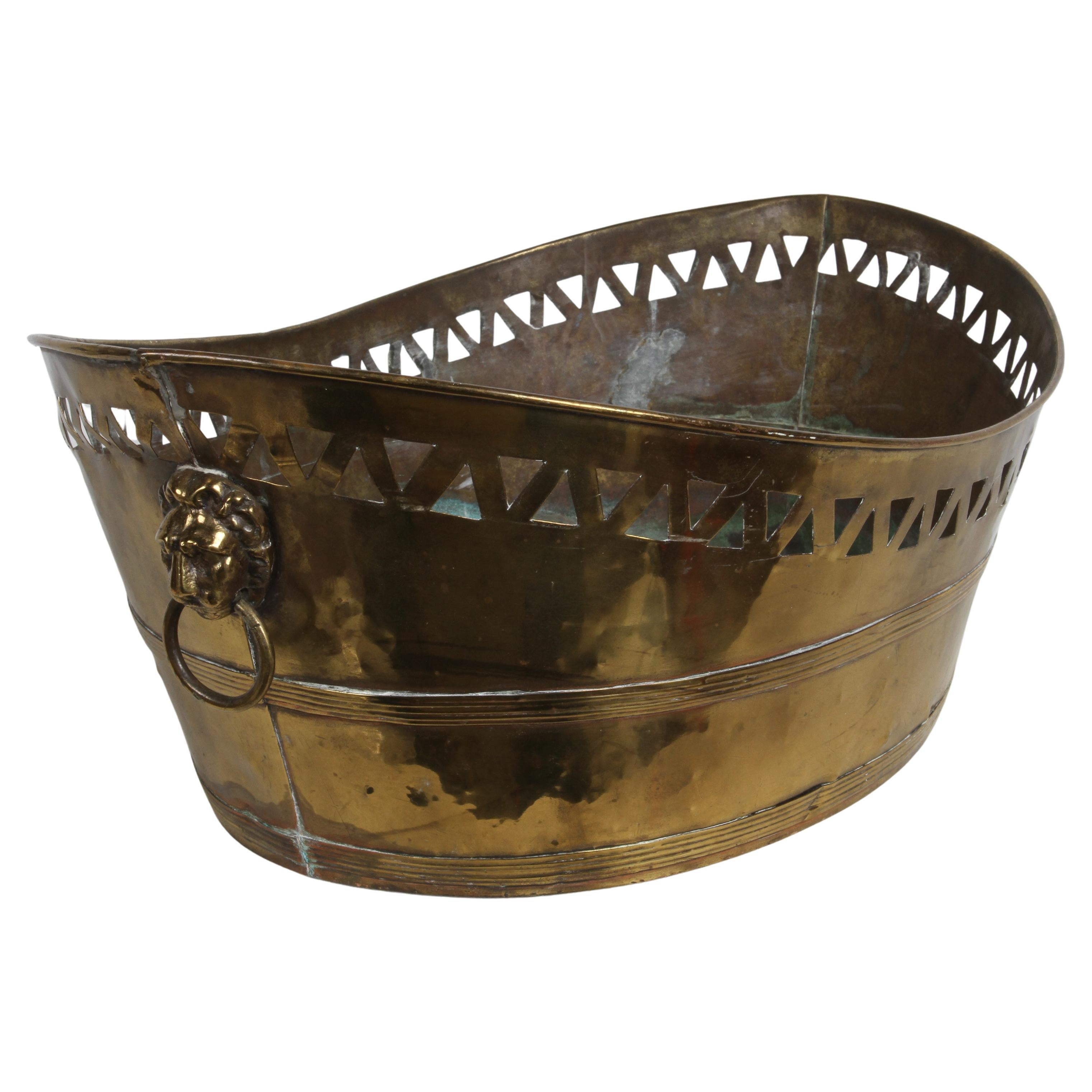 19th Century French Brass Oval Jardinière with Pierced Design & Lions Heads For Sale