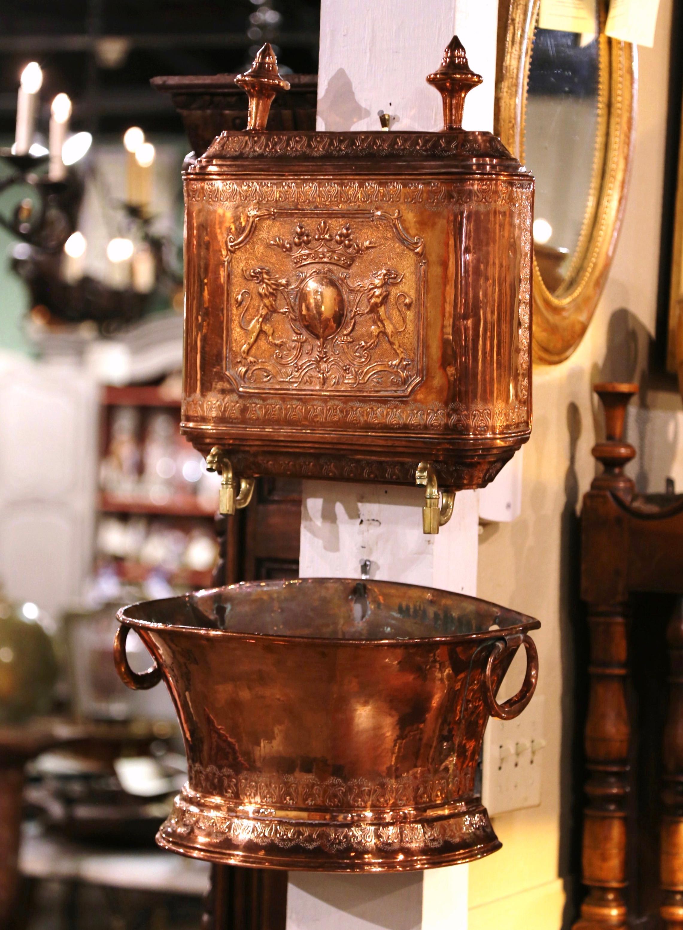 Country 19th Century French Brass Repousse and Copper Wall Lavabo Fountain