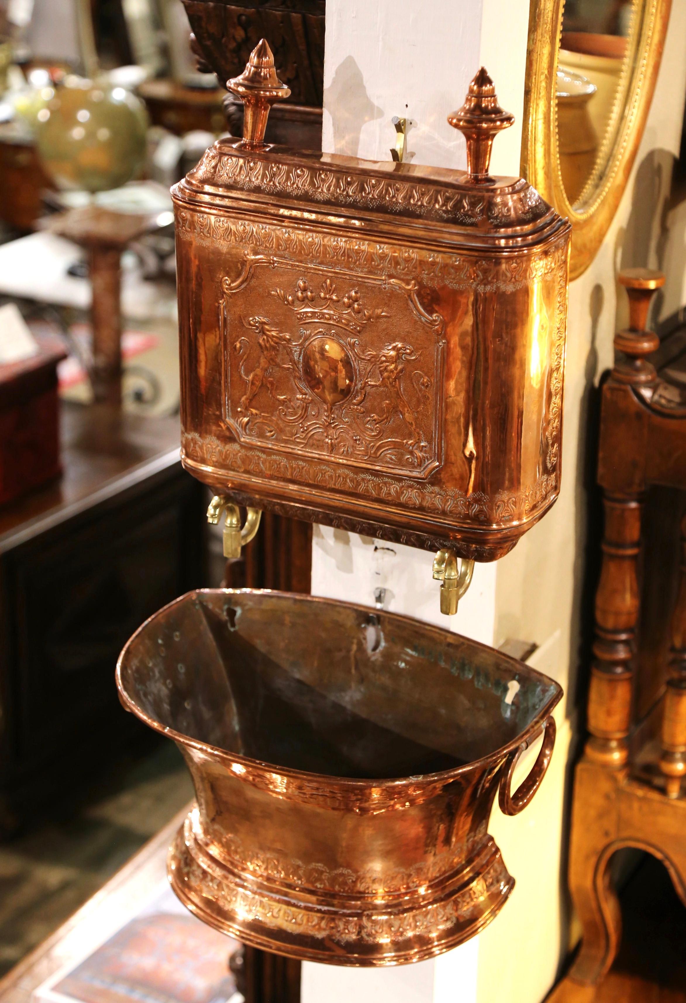 Hand-Crafted 19th Century French Brass Repousse and Copper Wall Lavabo Fountain