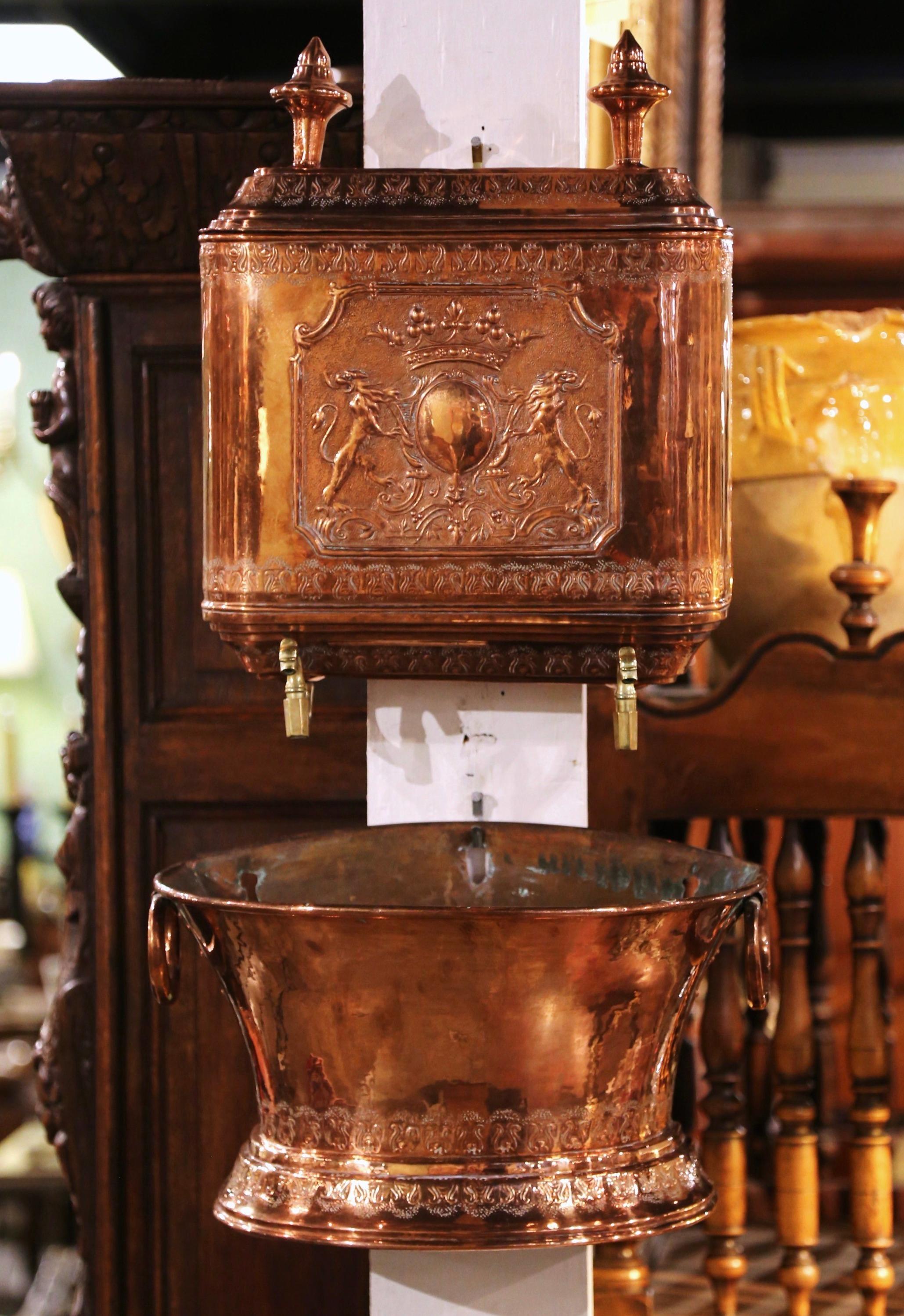 19th Century French Brass Repousse and Copper Wall Lavabo Fountain In Excellent Condition In Dallas, TX