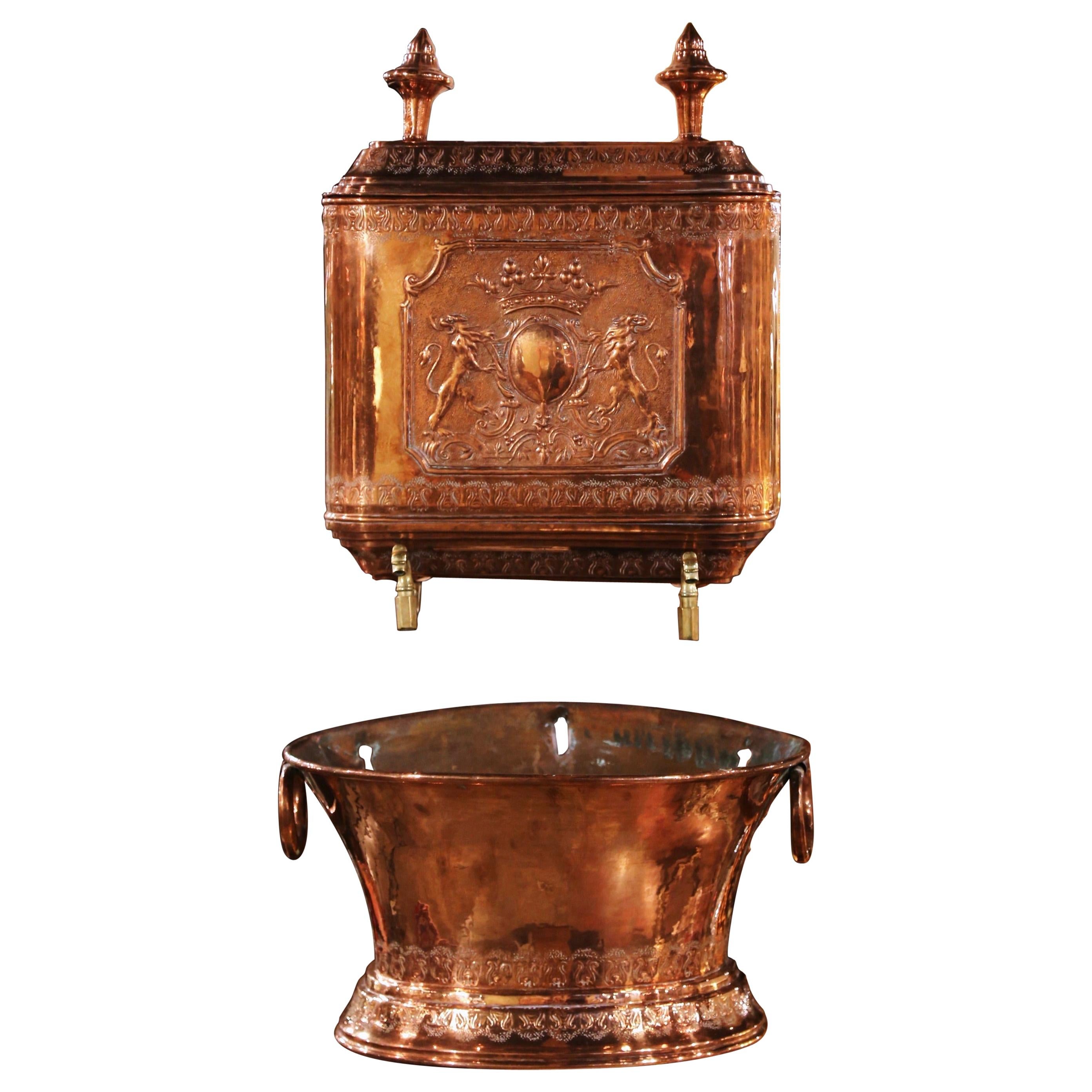 19th Century French Brass Repousse and Copper Wall Lavabo Fountain