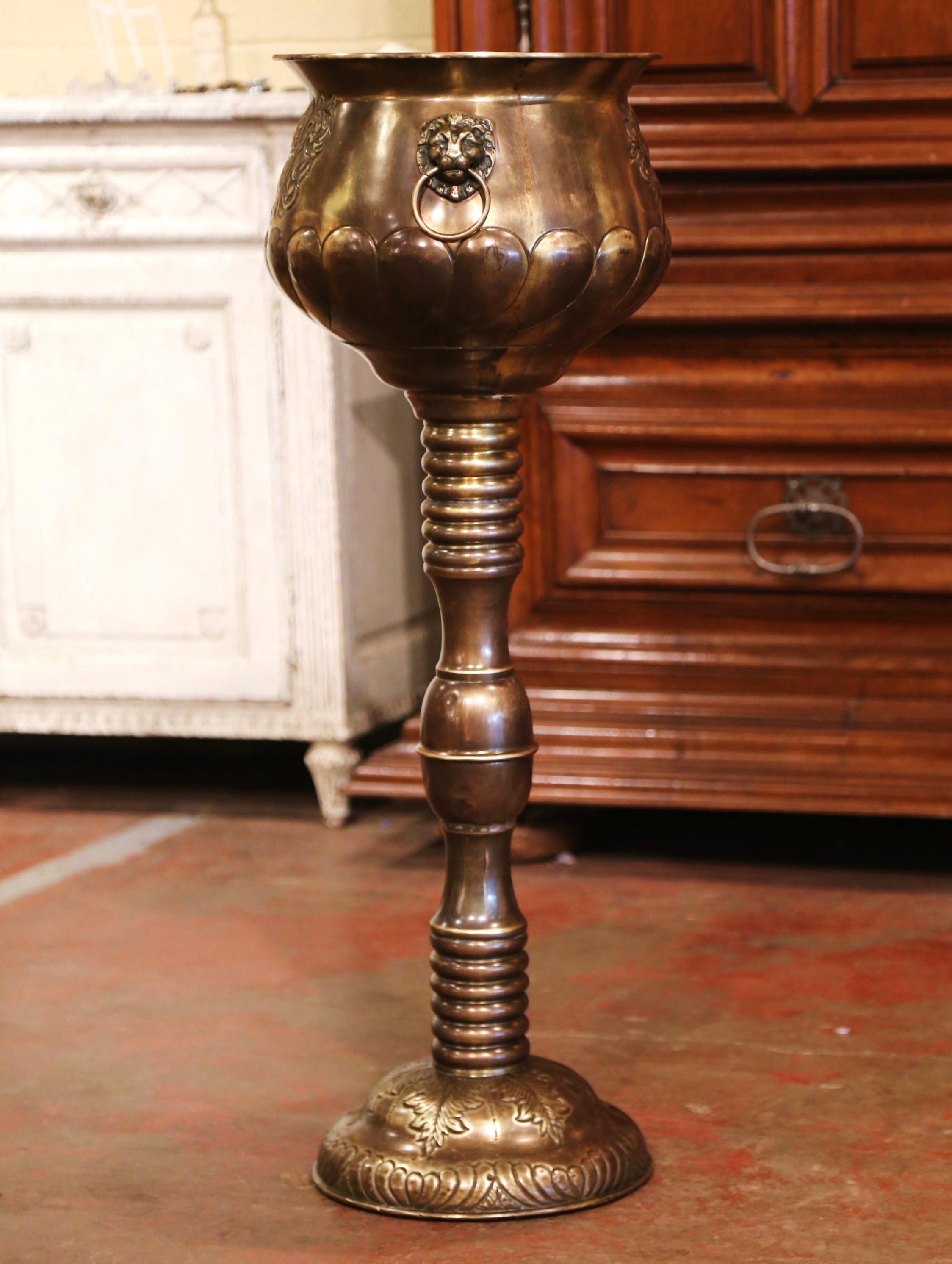 Napoleon III 19th Century French Brass Repousse Cache-Pot on Integral Pedestal Stand