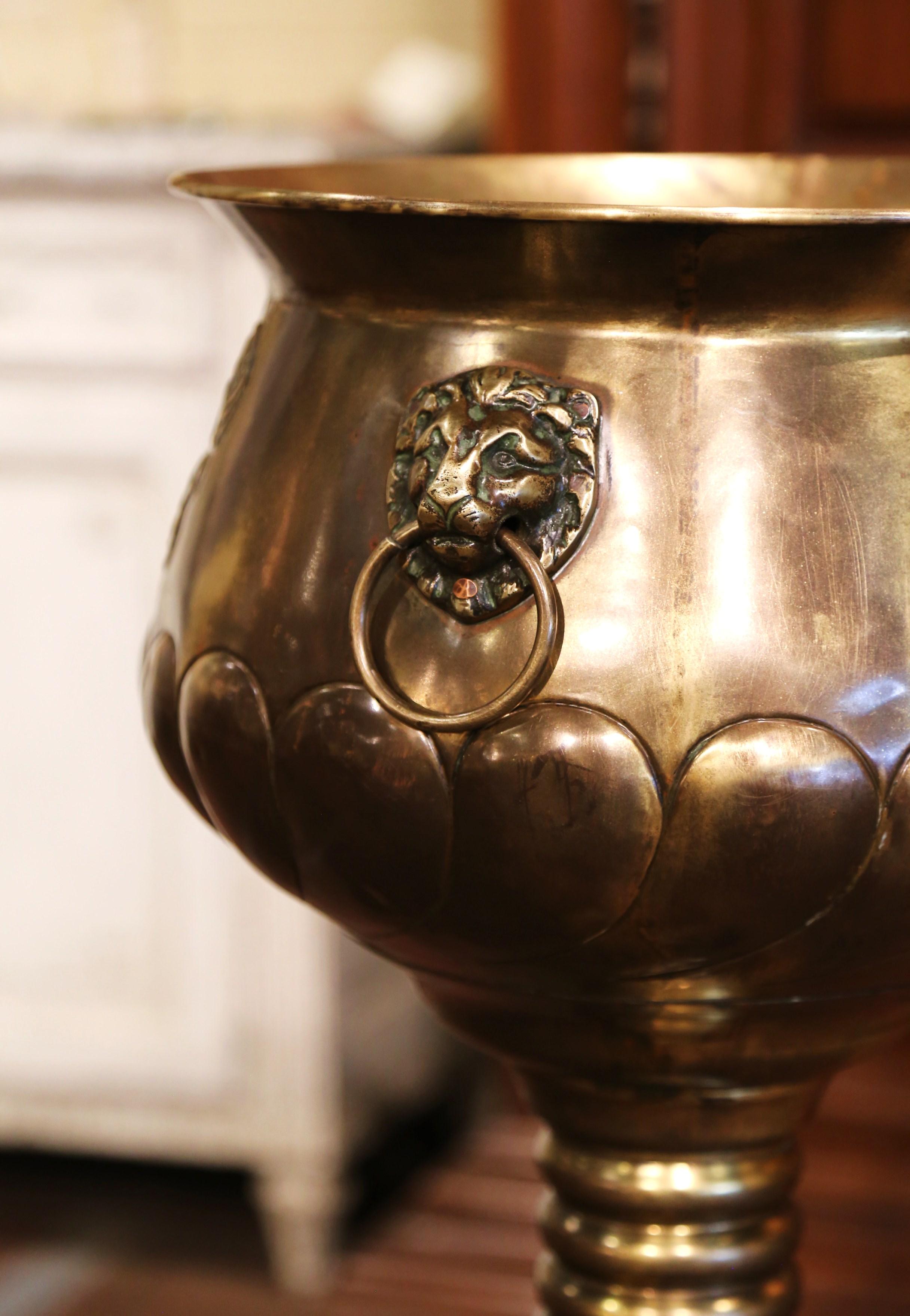 Repoussé 19th Century French Brass Repousse Cache-Pot on Integral Pedestal Stand