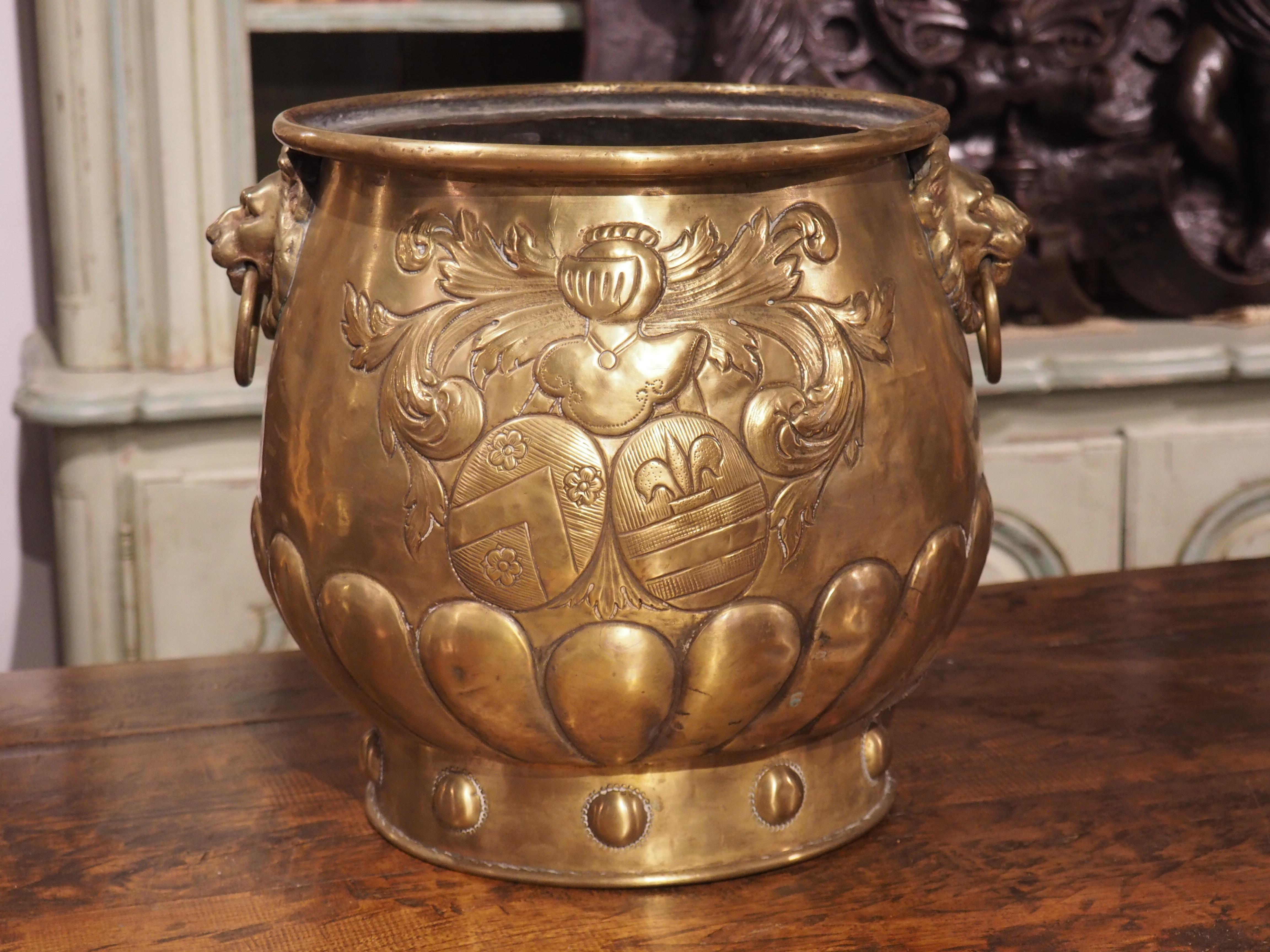 19th Century French Brass Repousse Cachepot with Coats of Arms and Lions For Sale 12